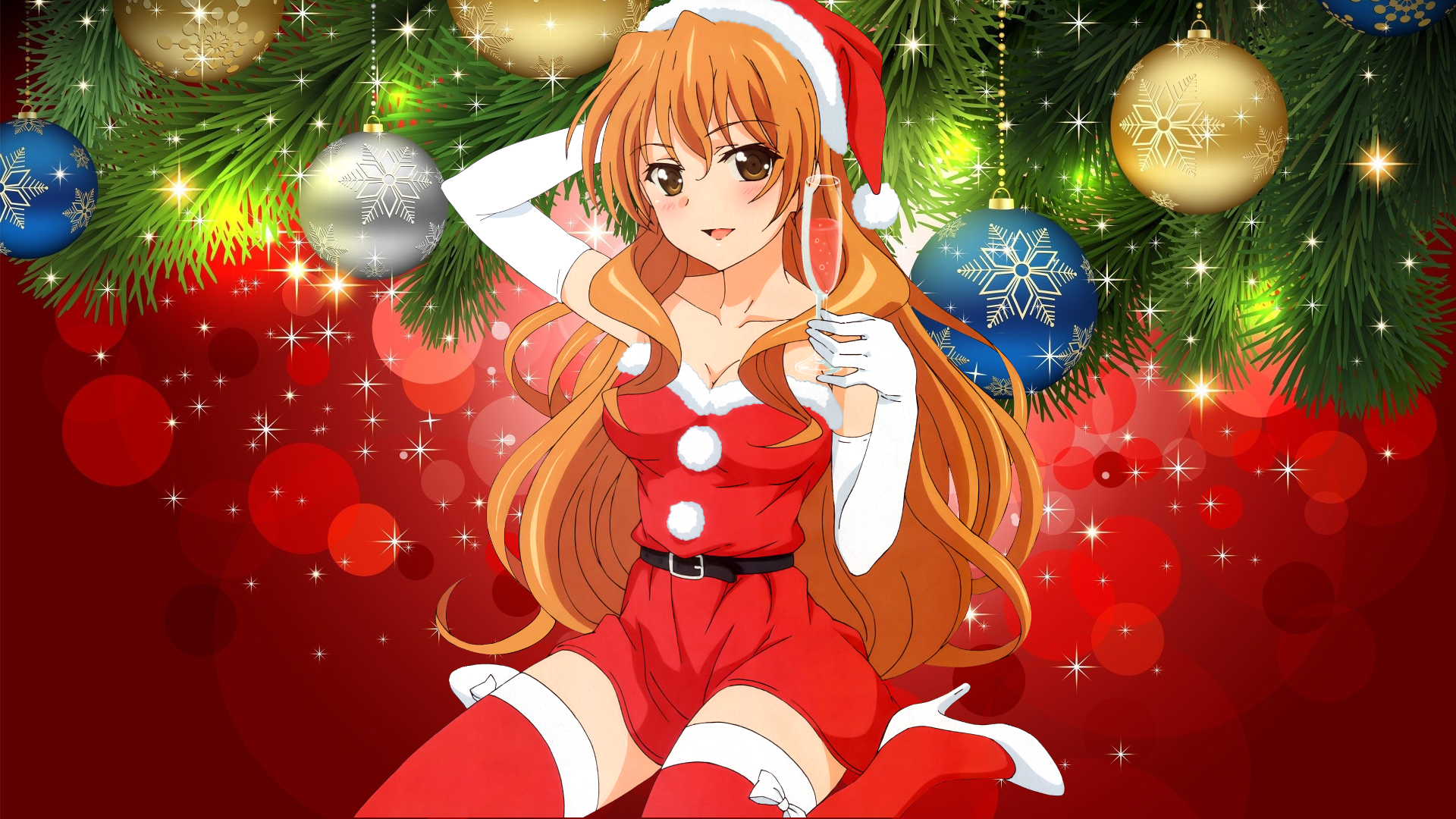Wallpaper, anime girls, cleavage, Golden Time, Kaga Kouko, Christmas 1920x1080
