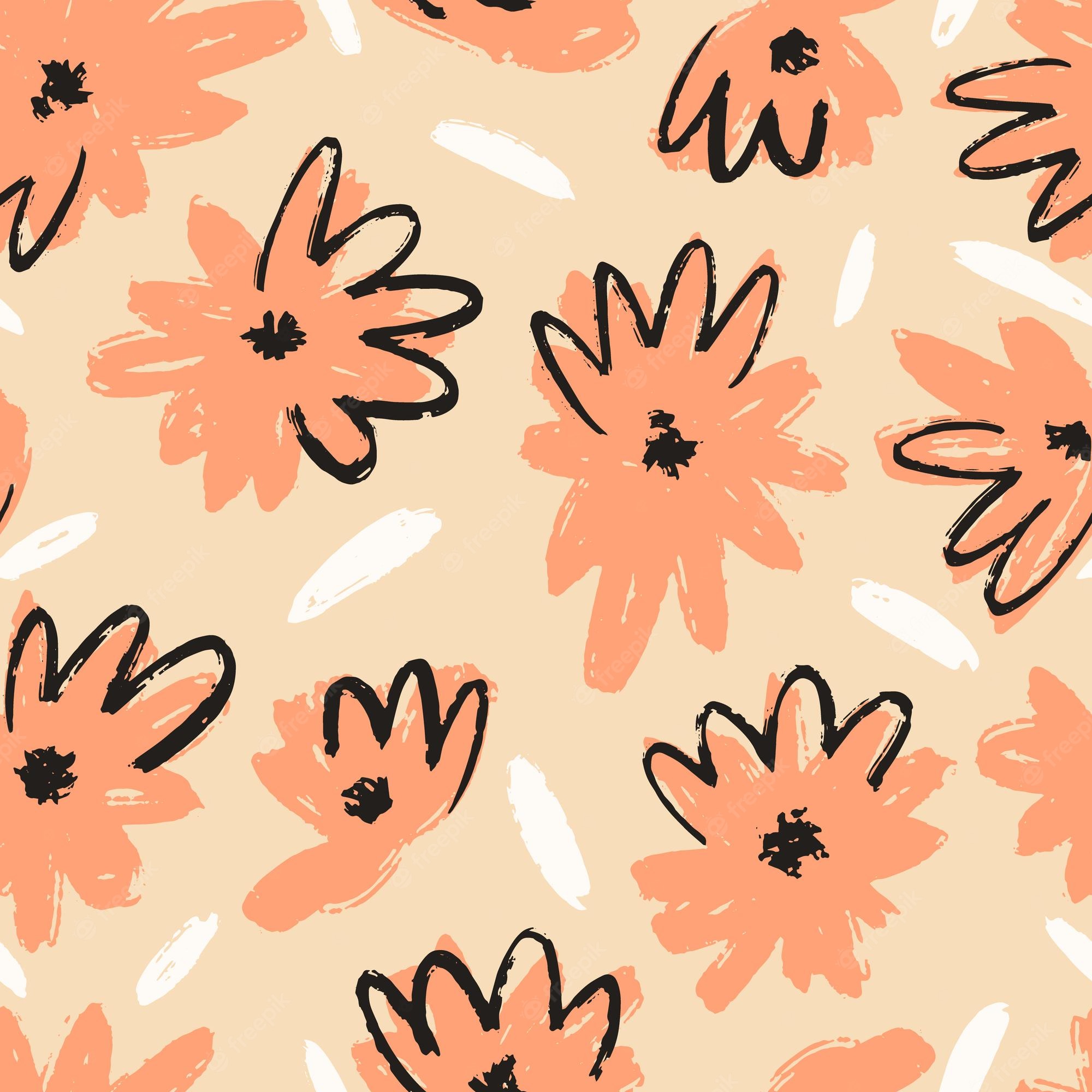 Premium Vector. Orange flowers with white petals brush textured on light orange background. floral seamless pattern