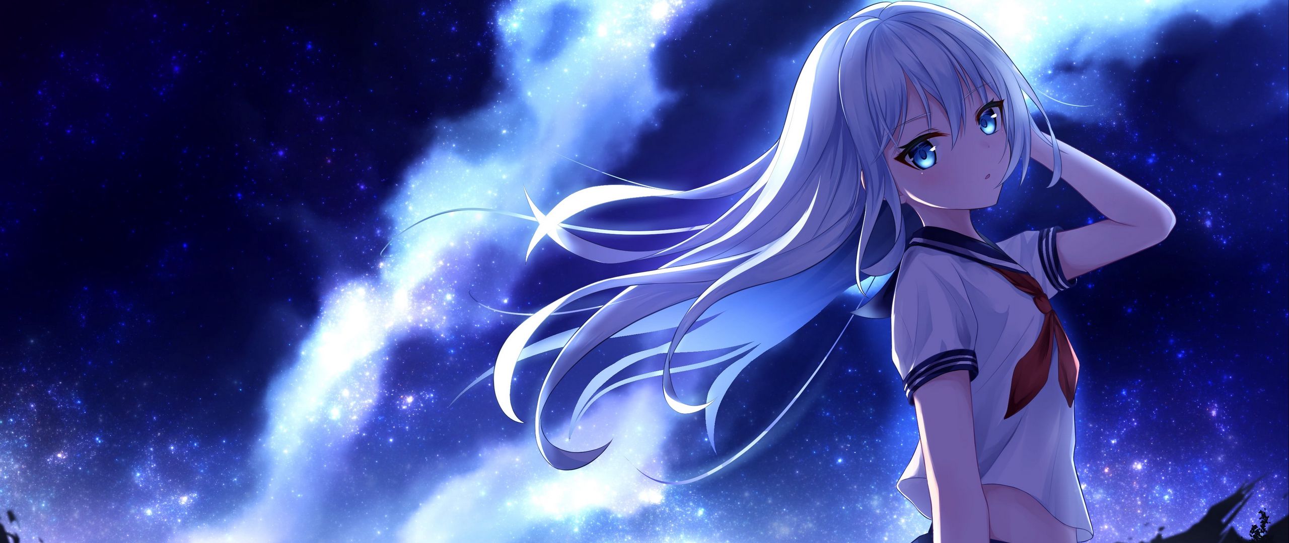Download wallpaper 2560x1080 girl, sailor suit, night, anime, art, blue dual wide 1080p HD background