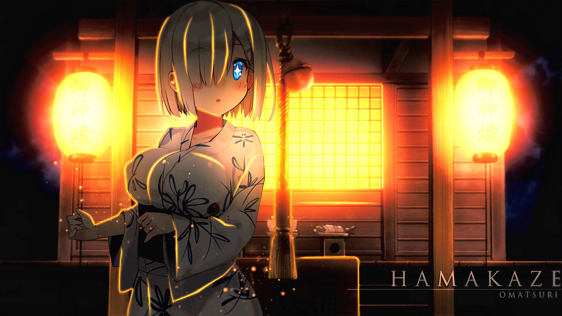Wallpaper, anime girls, big boobs, Kantai Collection, Japanese clothes, Hamakaze KanColle, light, darkness, screenshot 1920x1080