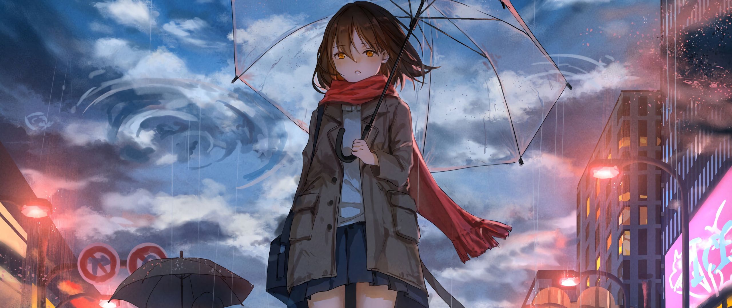 Download wallpaper 2560x1080 girl, umbrella, anime, rain, sadness dual wide 1080p HD background
