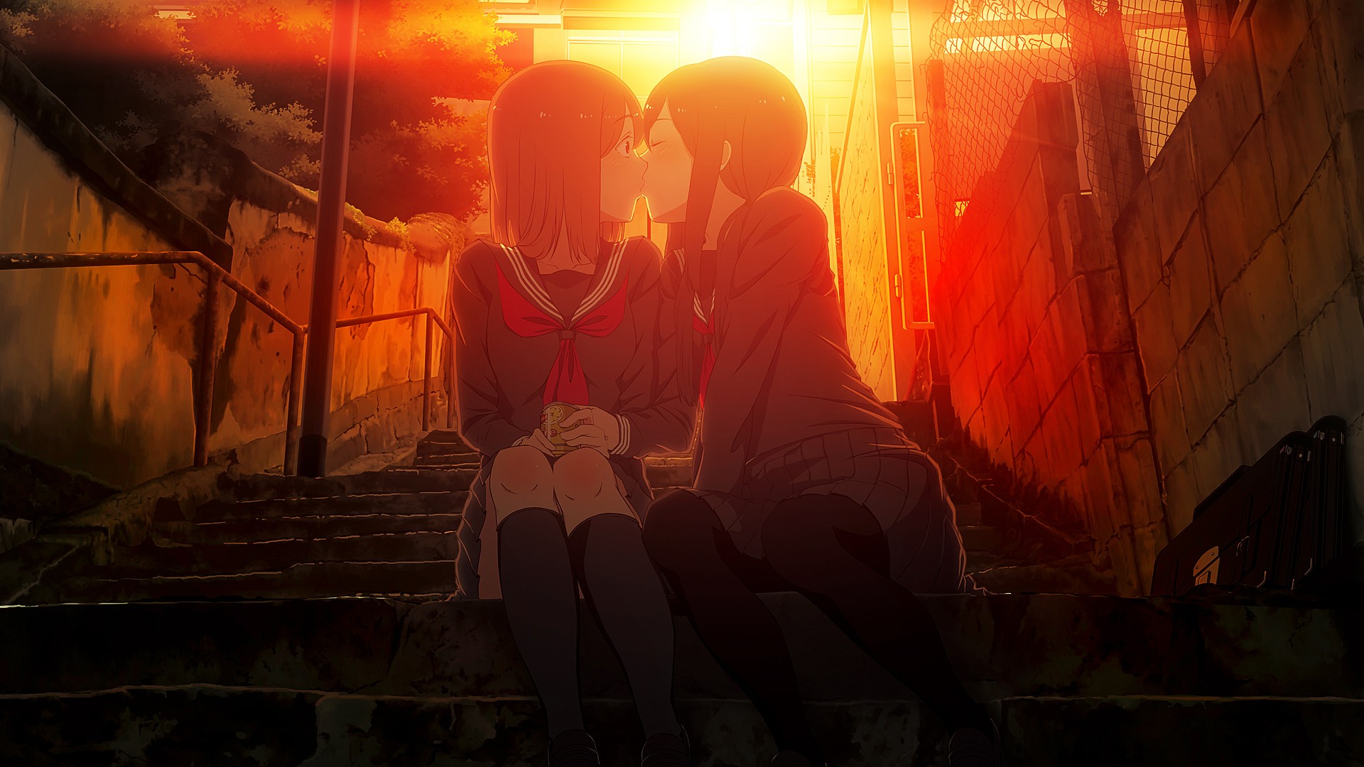 Wallpaper, sunlight, night, anime girls, pantyhose, evening, school uniform, original characters, kissing, yuri, light, color, darkness, screenshot 1920x1080