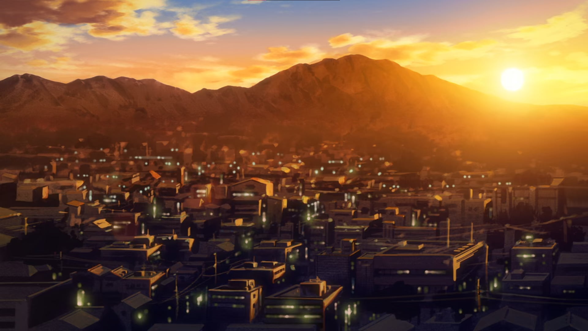 Wallpaper / warm light, mountain top, anime, orange background, 1080P, warm colors, Ano Hi Mita Hana no Namae wo Bokutachi wa Mada Shiranai, city, sunset, warm free download