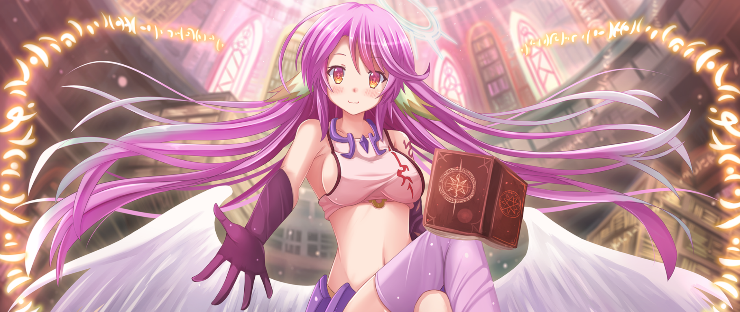 Wallpaper, No Game No Life, wings, pink hair, long hair, Jibril, anime girls 2560x1080