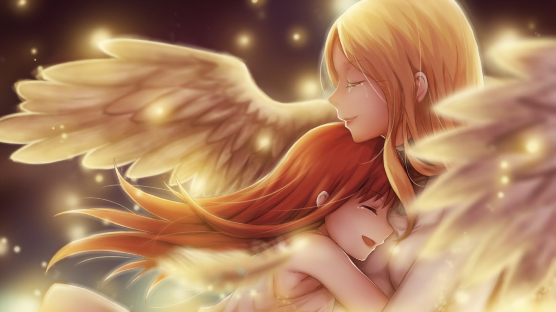 Wallpaper / pretty, blond, hd, cg, beautiful, magic, wing, sweet, nice, fantasy, anime, feather, love, tears, beauty, anime girl, realistic, long hair, light, cry, female, wings, lovely, glowing, angel, smile