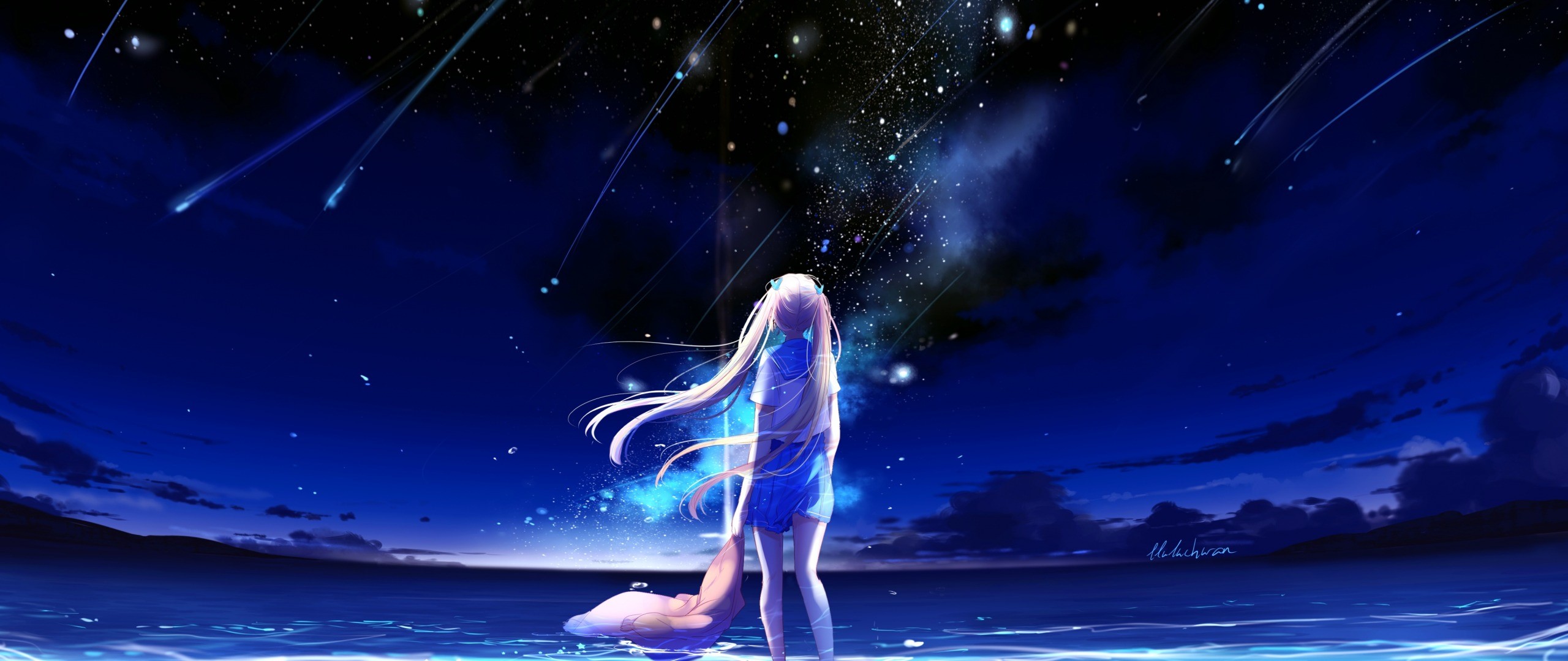 Wallpaper / Anime, Anime Girls, Blonde, Long Hair, Hair Ornament, Water, Sky, Stars, Night, Ultra Wide Free Download
