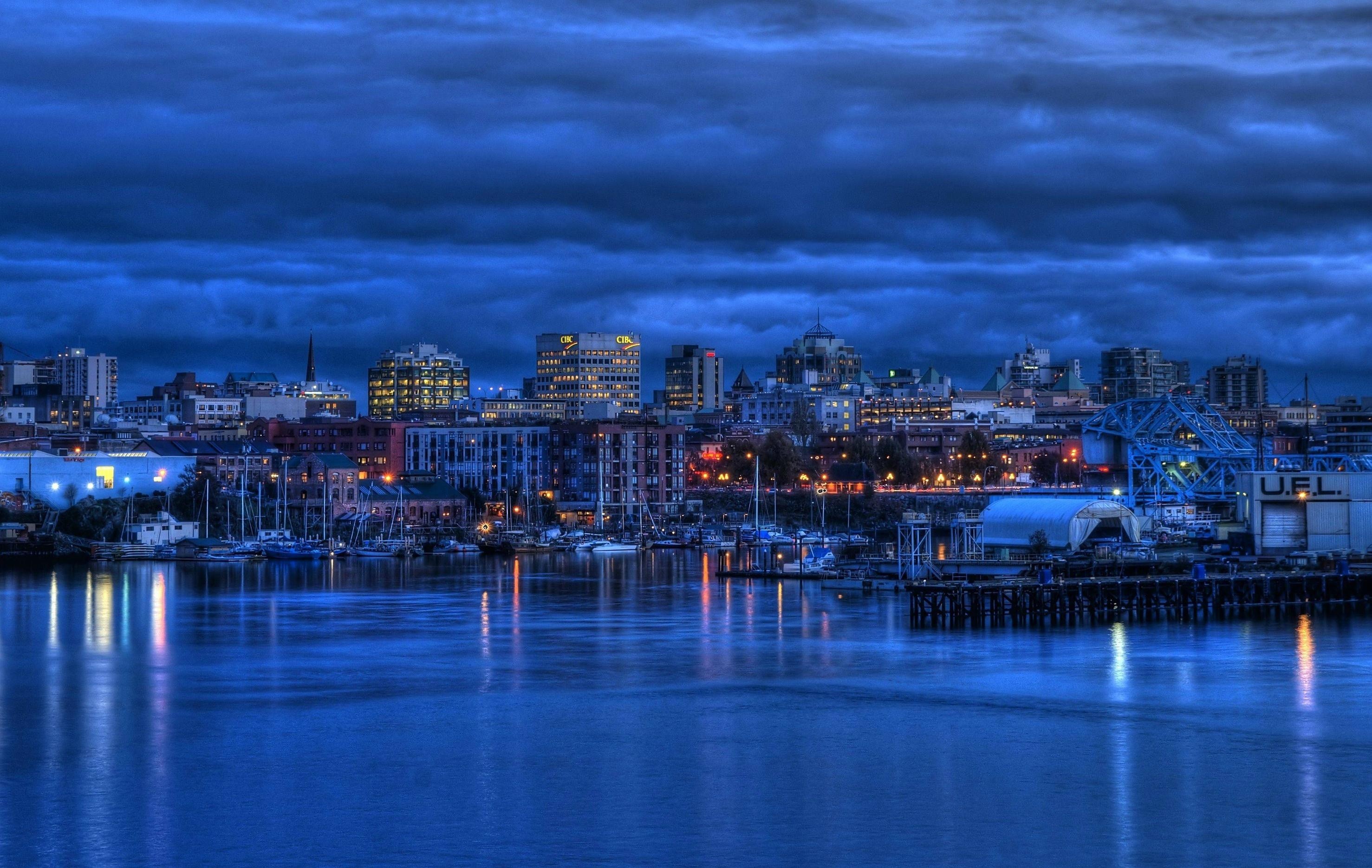 Wallpaper, sea, city, cityscape, night, reflection, skyline, skyscraper, evening, harbor, horizon, panorama, dock, dusk, Victoria British Columbia, Marina, downtown, dawn, port, urban area, human settlement 2955x1870 Wallpaper
