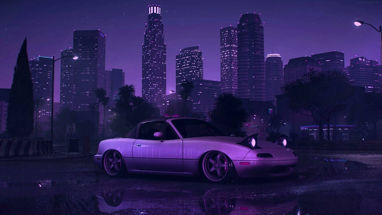 Download Purple Aesthetic Car In City For Computer Wallpaper