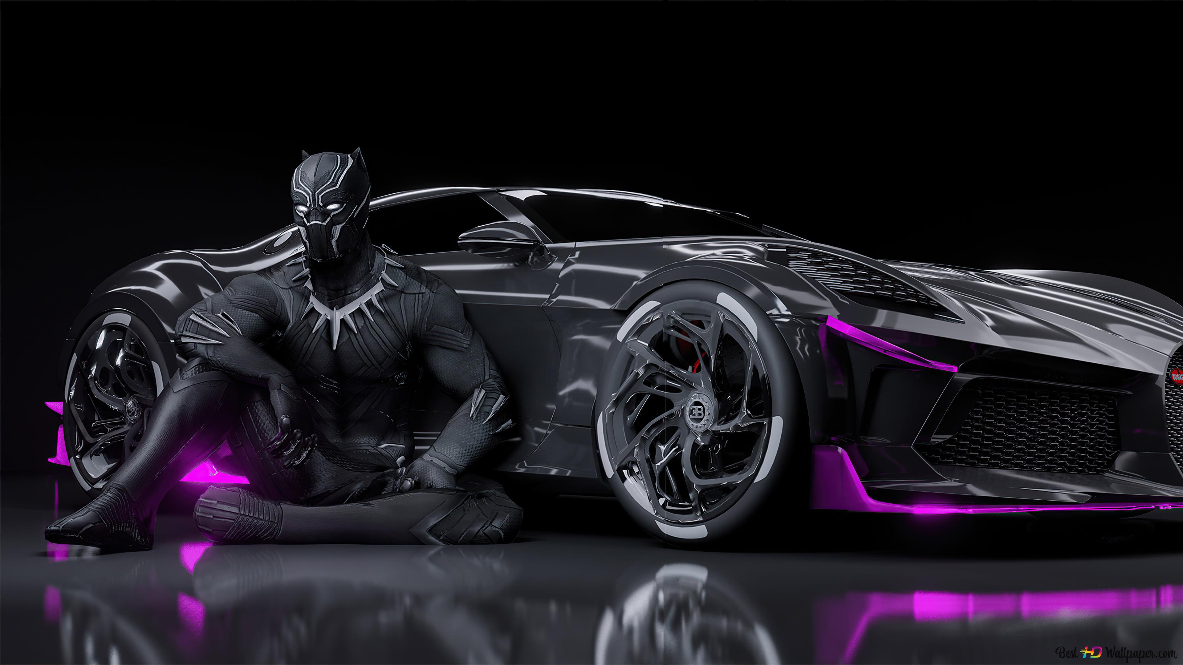 Black Panther sitting next to black car with purple lights 4K wallpaper download