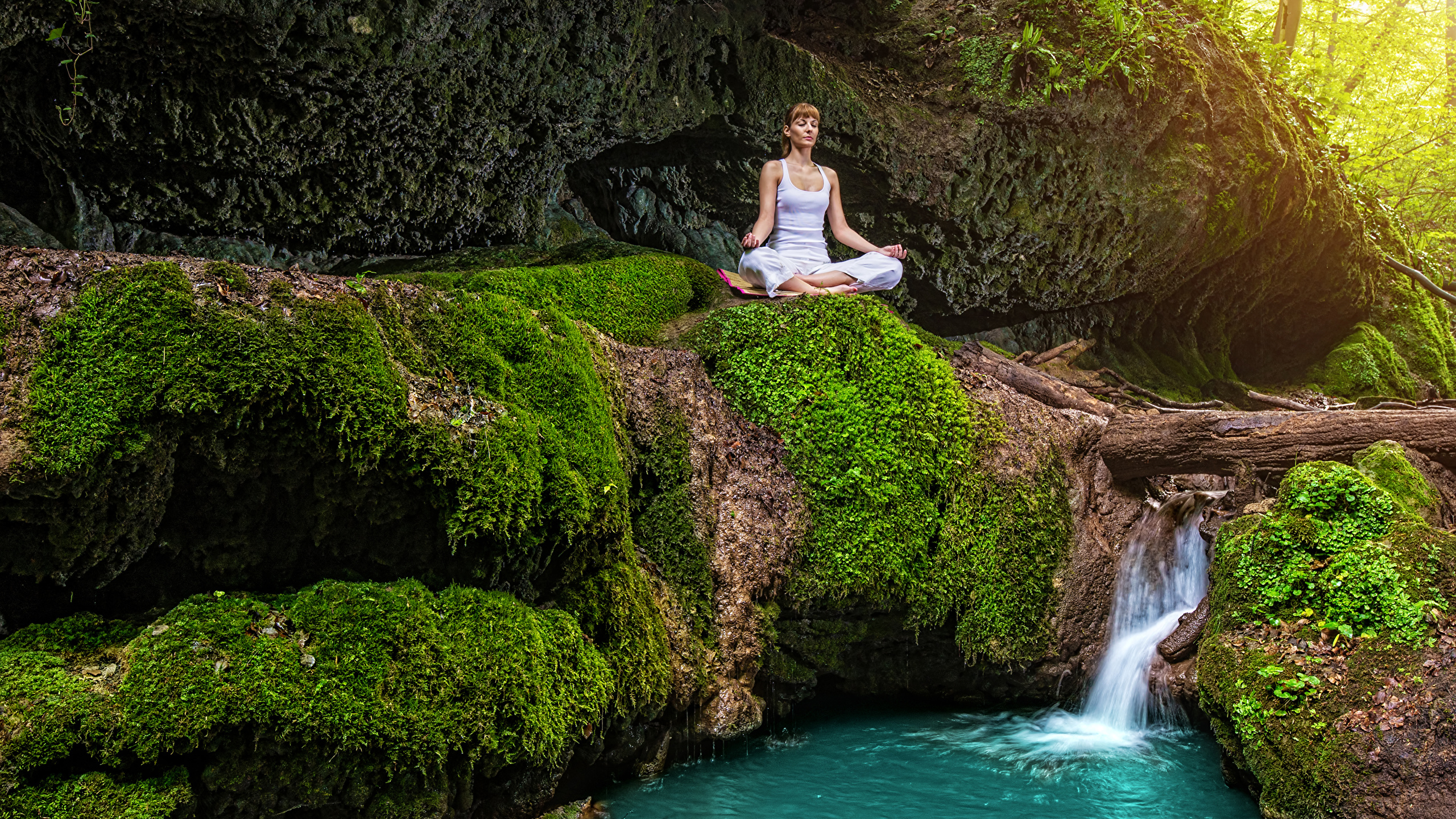Desktop Wallpaper Lotus position Yoga Creek Girls Nature 2560x1440