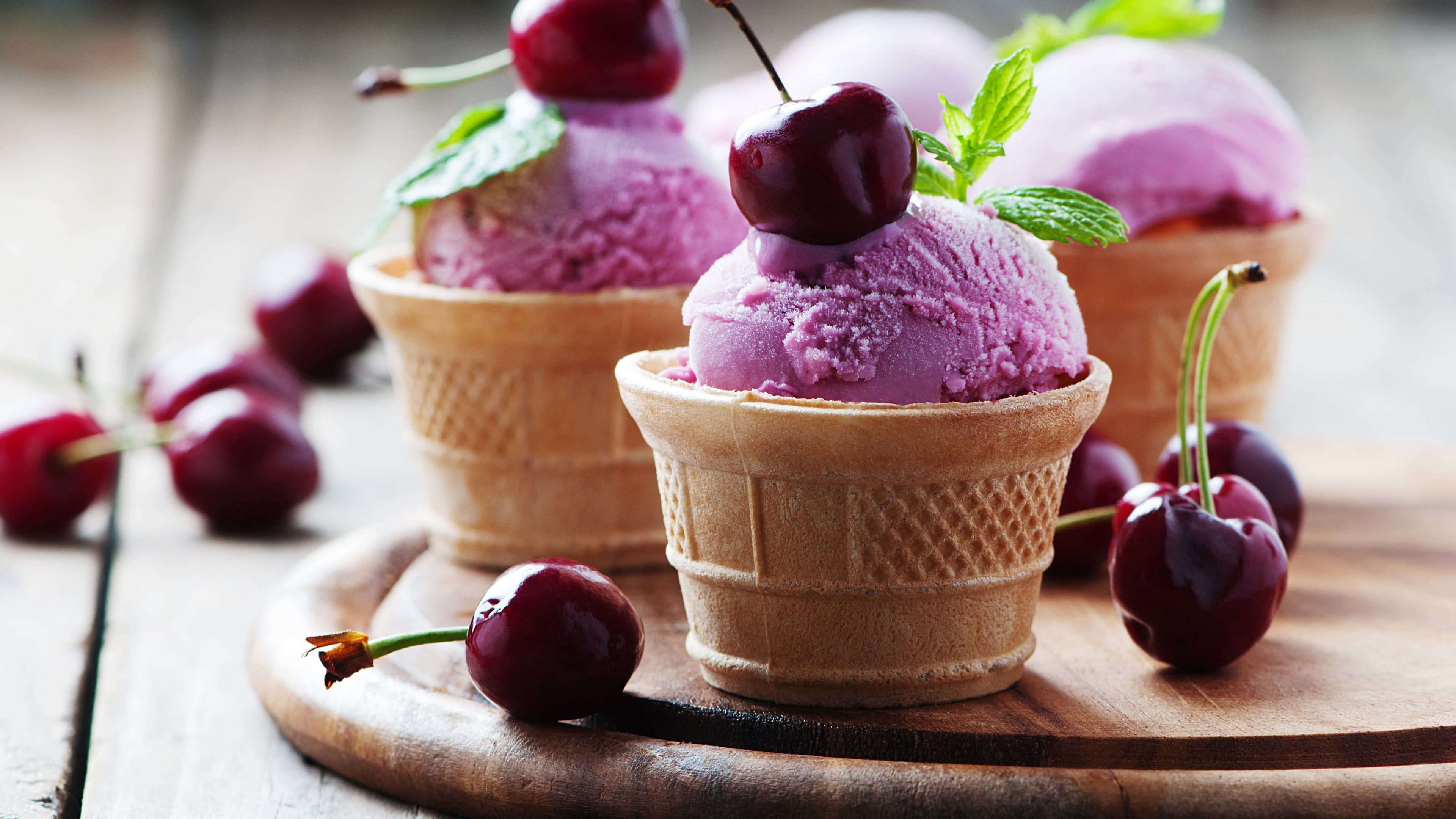 Ice Cream Cones With Cherries UHD 4K Wallpaper