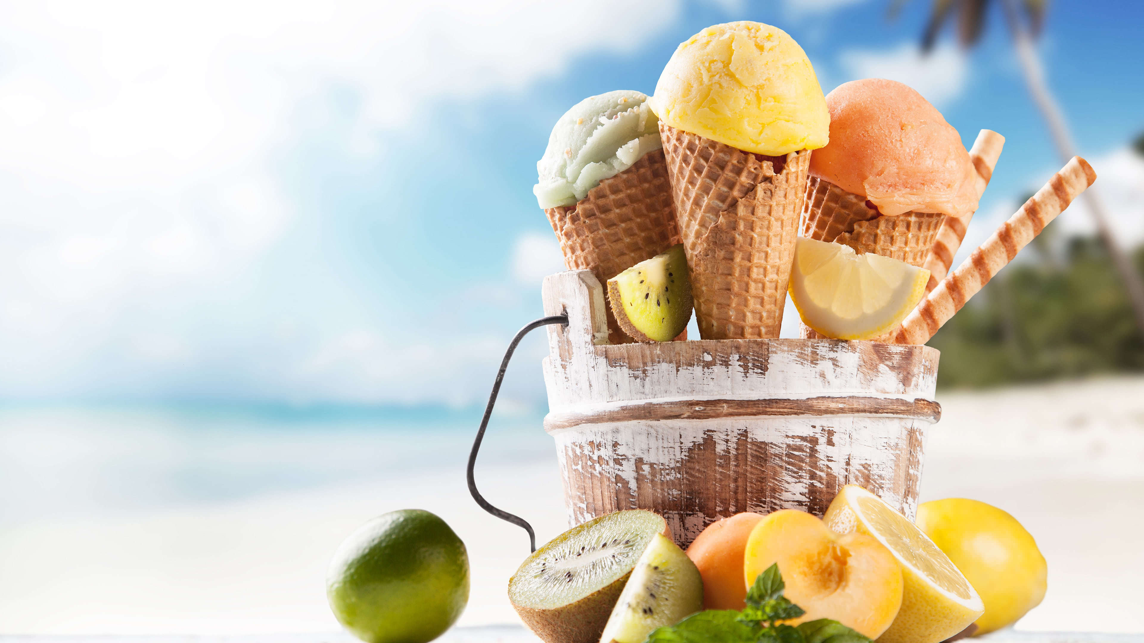 Ice Cream And Fruits On Beach UHD 4K Wallpaper
