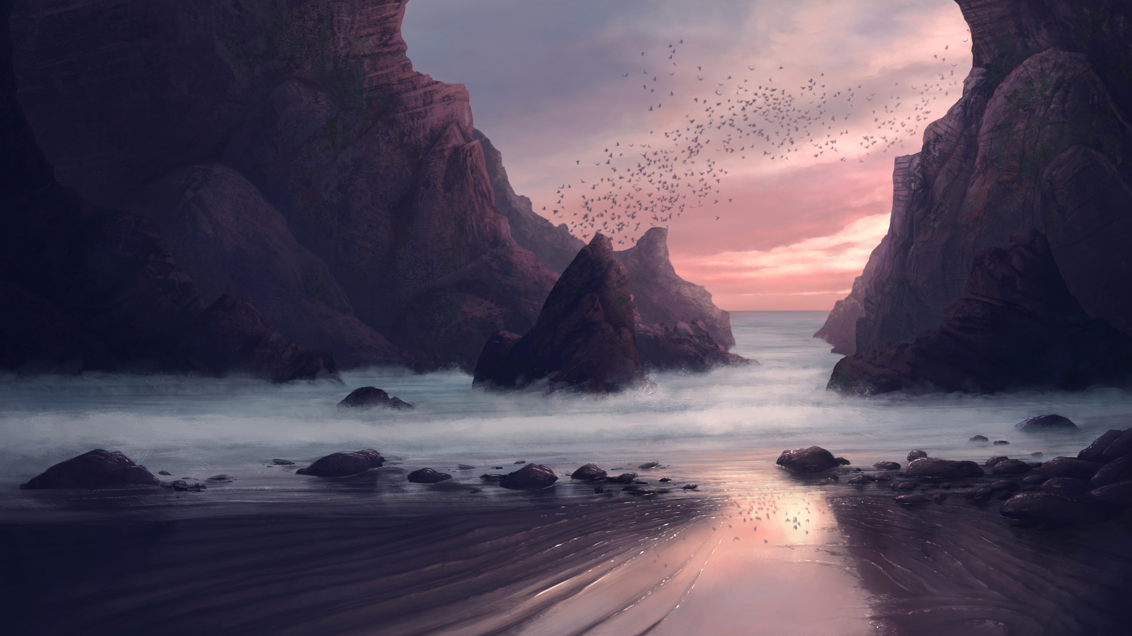 Beach Wallpaper 4K, Digital Art, Rocks