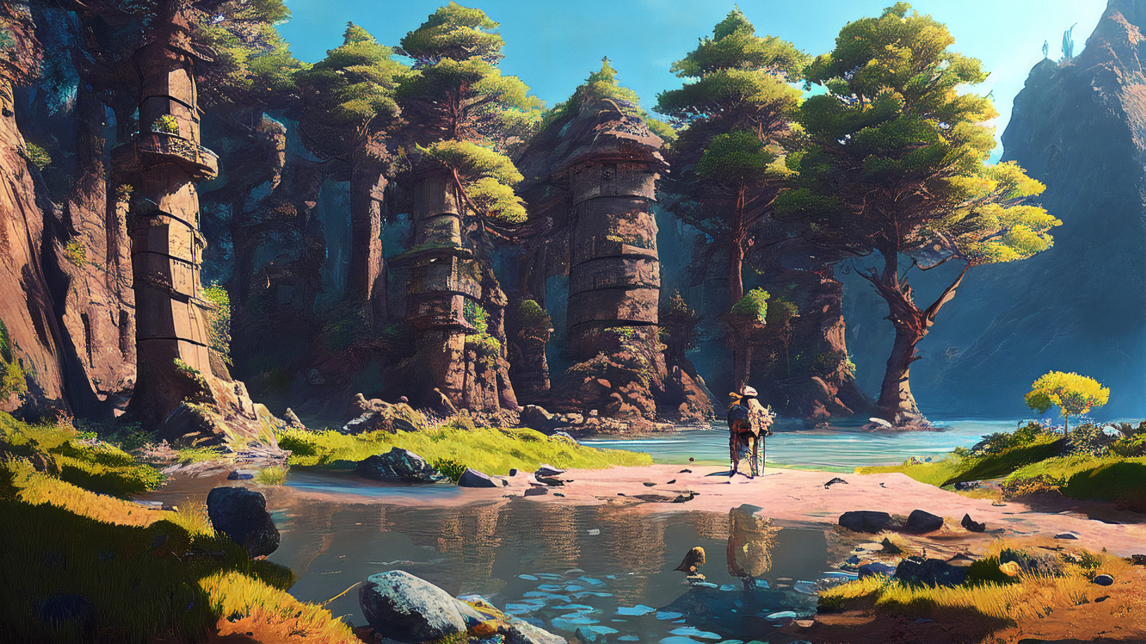 Stable Diffusion 4K Ai Art Landscape Digital Art Illustration Water Reflection Nature Trees Wallpaper:3840x2160