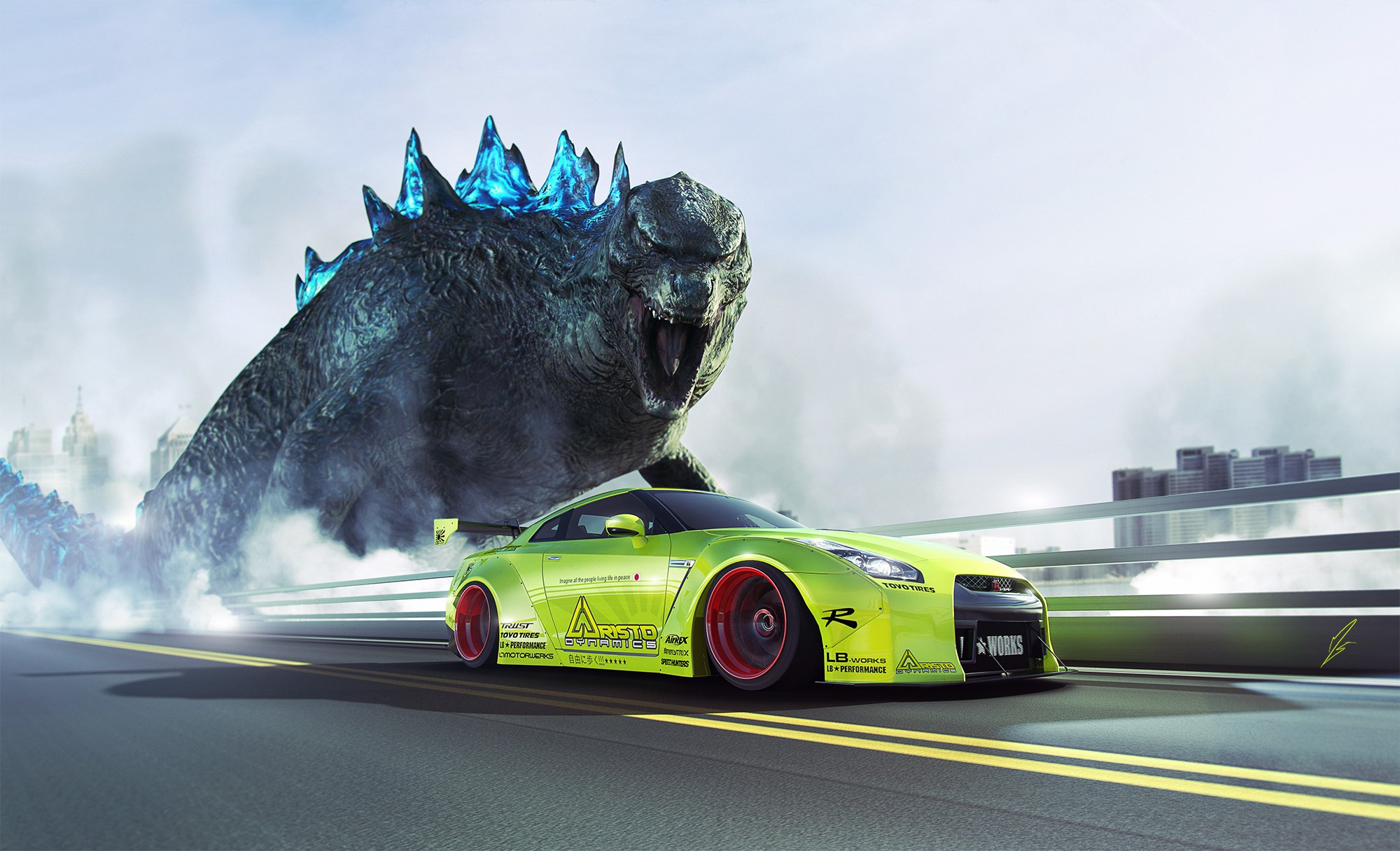 GTR R35 Liberty Godzilla, Nissan, Dinosaurs, Tuning, Yellow green, Side Gallery HD Wallpaper