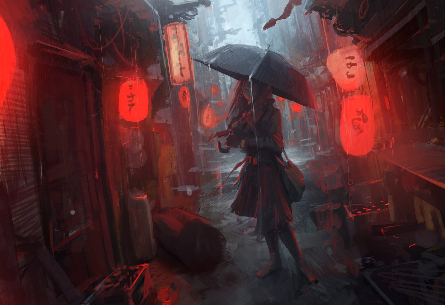 anime, anime girls, lantern, Oldboy, digital art, artwork, rain, Japanese, cityscape, women, umbrella Gallery HD Wallpaper