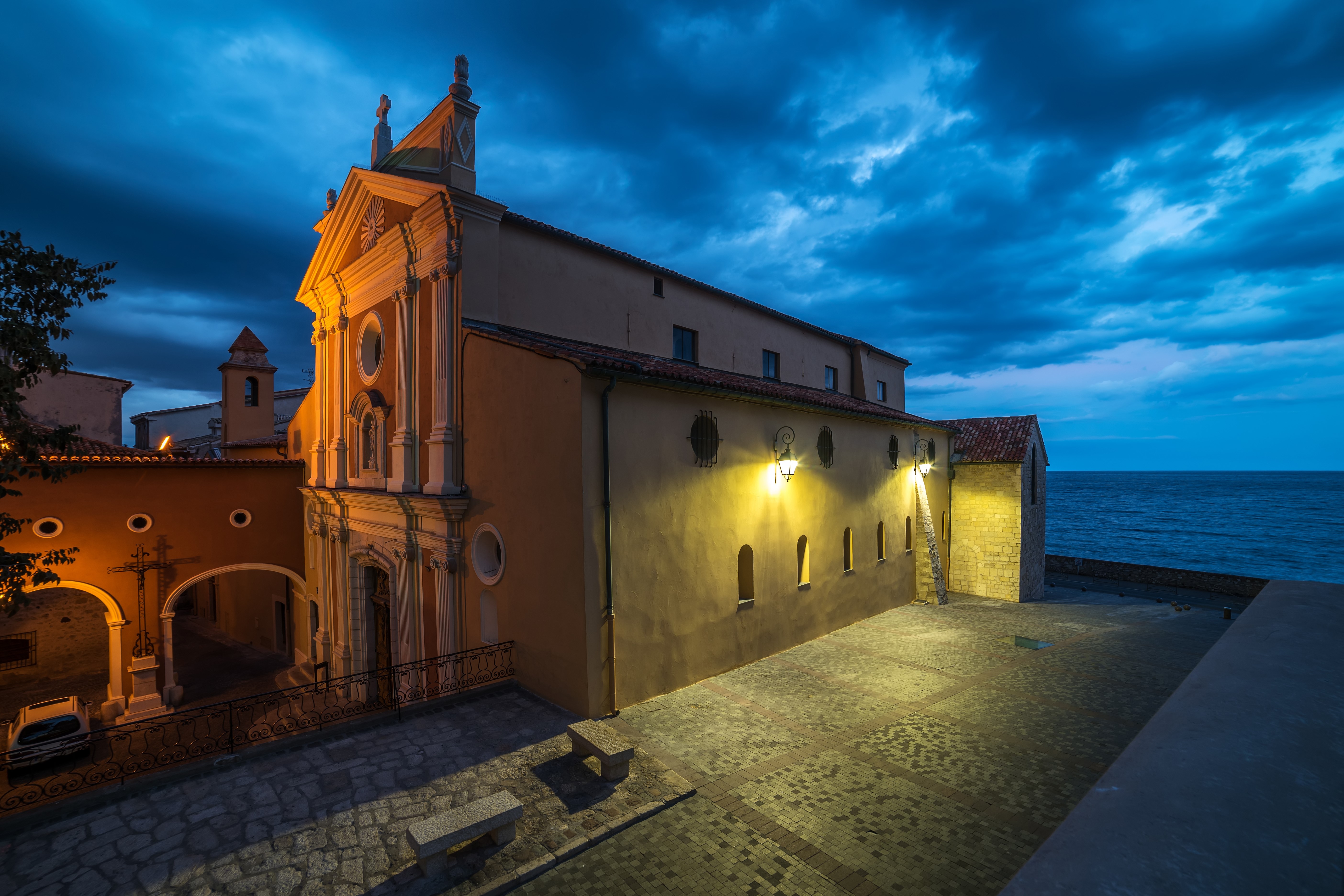 4K, 5K, Antibes French Riviera, France, Temples, Church, Street lights Gallery HD Wallpaper
