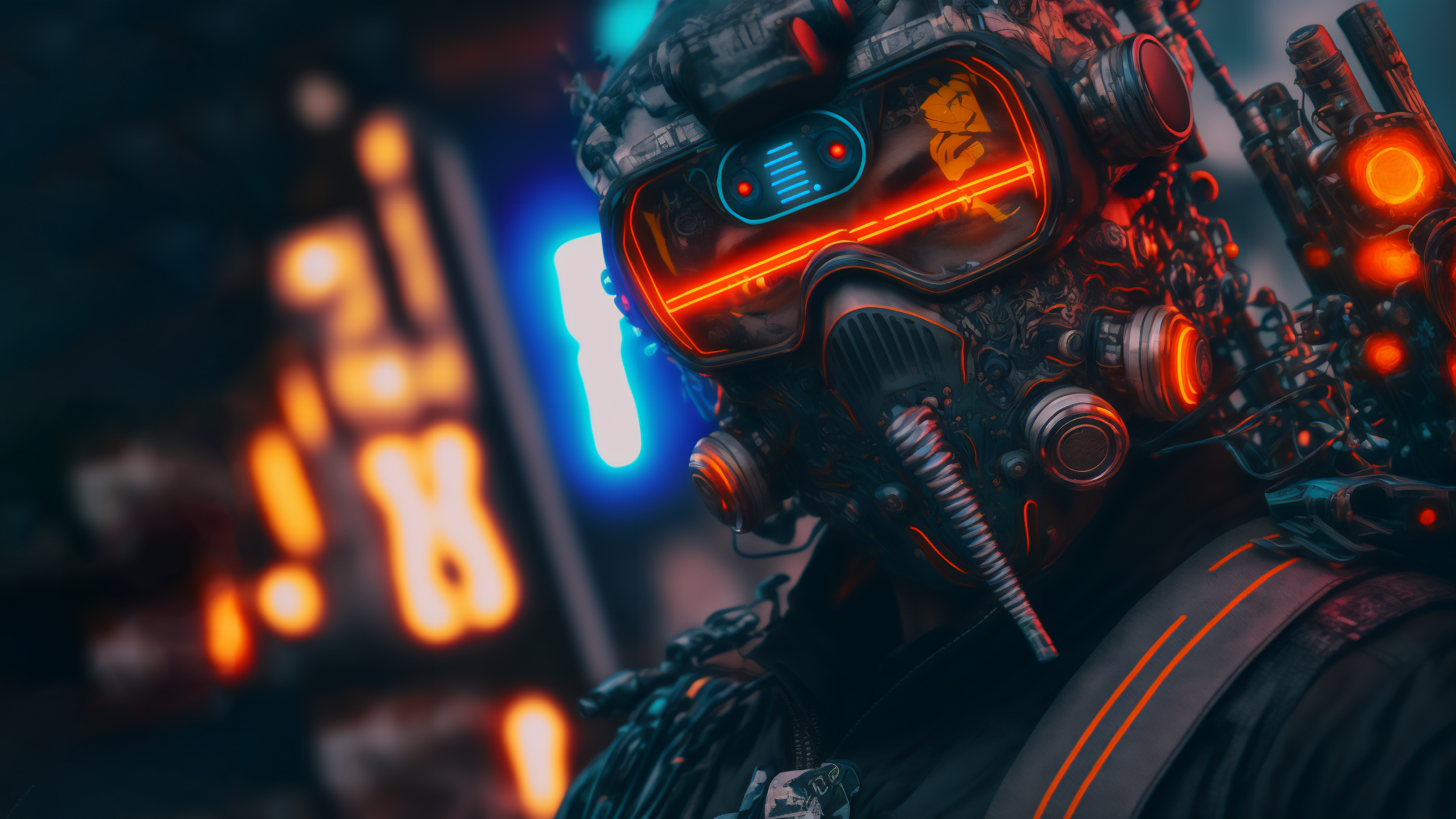Wallpaper, ai art, cyberpunk, mask 3641x2048