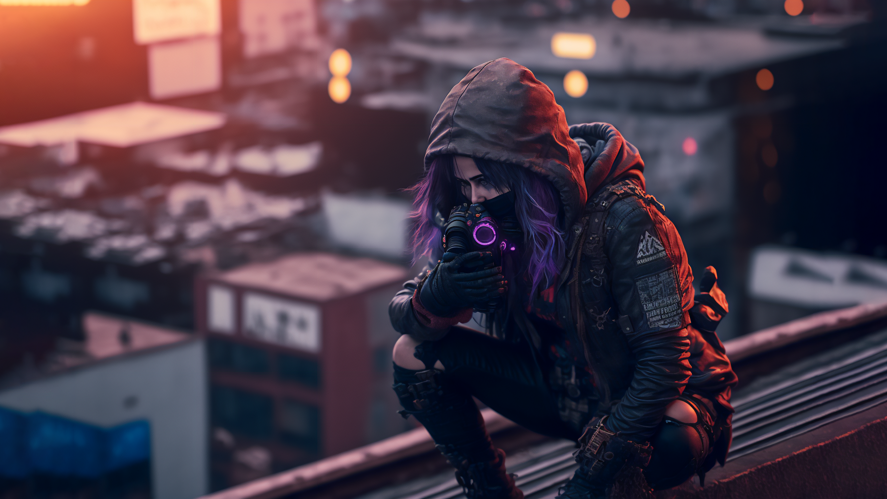 Wallpaper, ai art, women, cyberpunk, mask 3640x2048