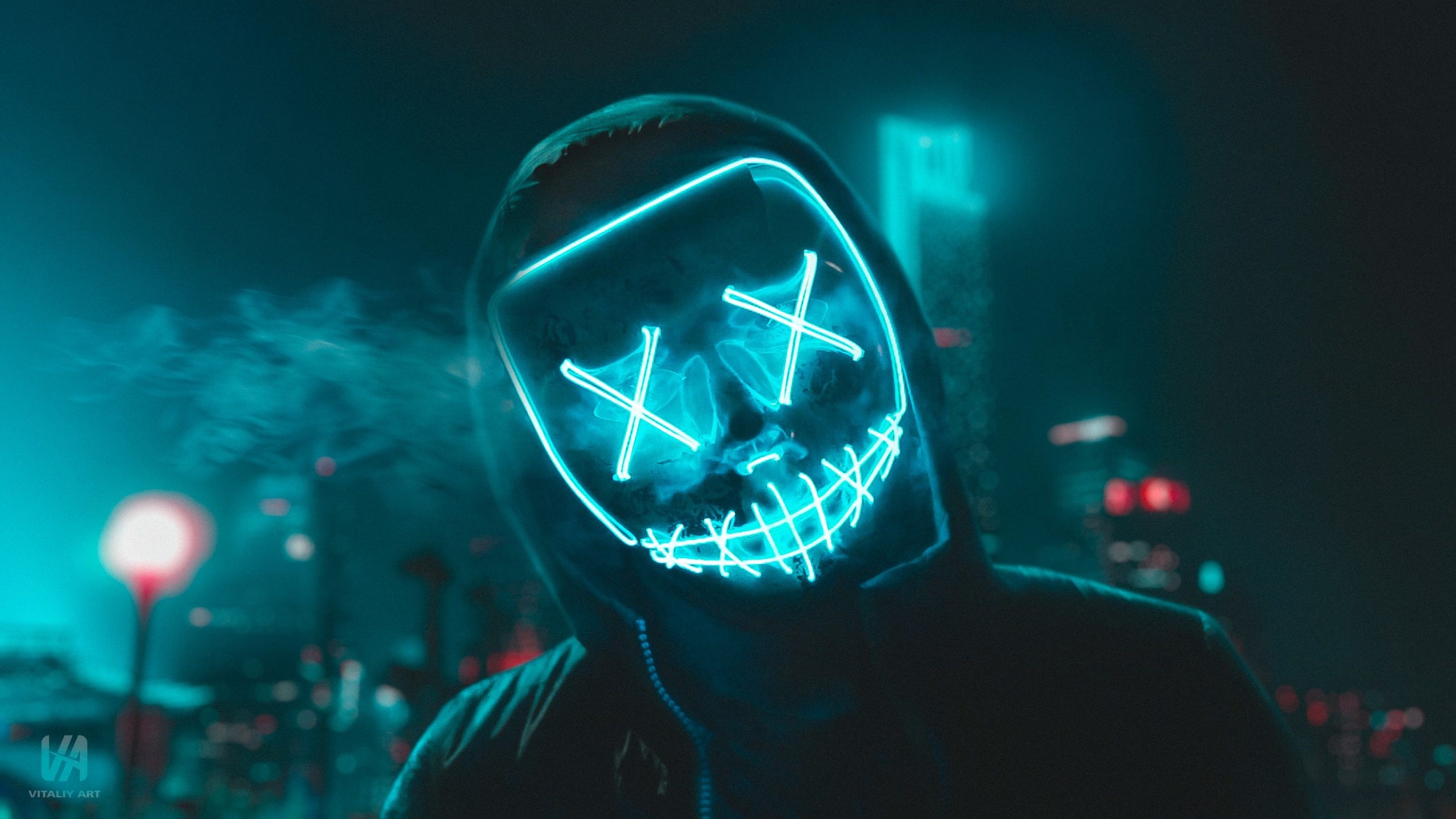 Wallpaper / night, city, lights, city lights, atmosphere, urban, men, outdoors, men outdoors, neon, neon lights, mask, hoods, blue, retouching, faceless, smoke, building, cyber city, Dark Cyberpunk, futuristic, cyan, turquoise