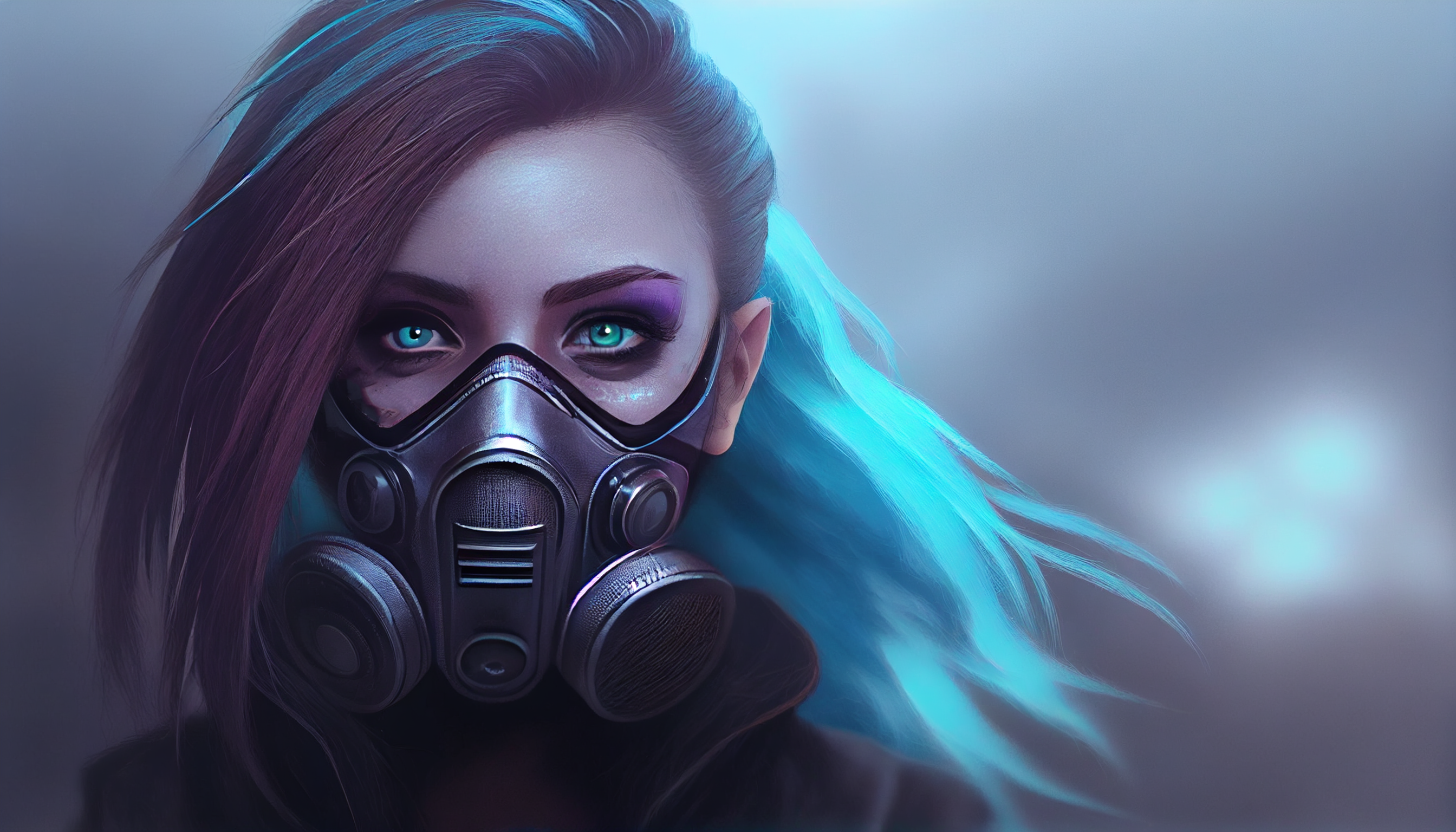 Ai Art Women Illustration Gas Masks Blue Hair Cyberpunk Mask Blue Eyes Wallpaper:2688x1536