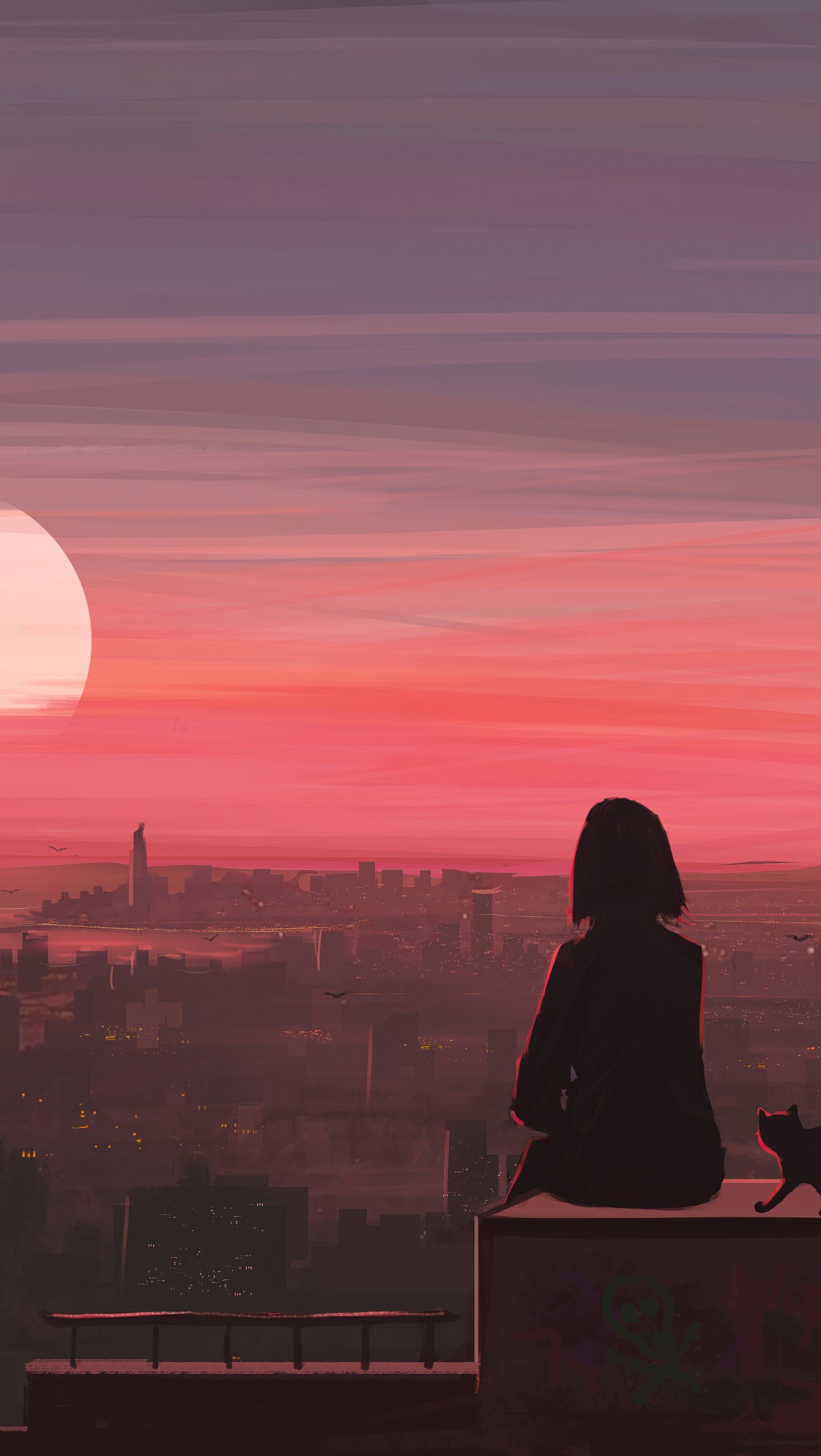Lofi girl looking at sunset Aesthetic Wallpaper 5k for iPhone and Mobile Phone