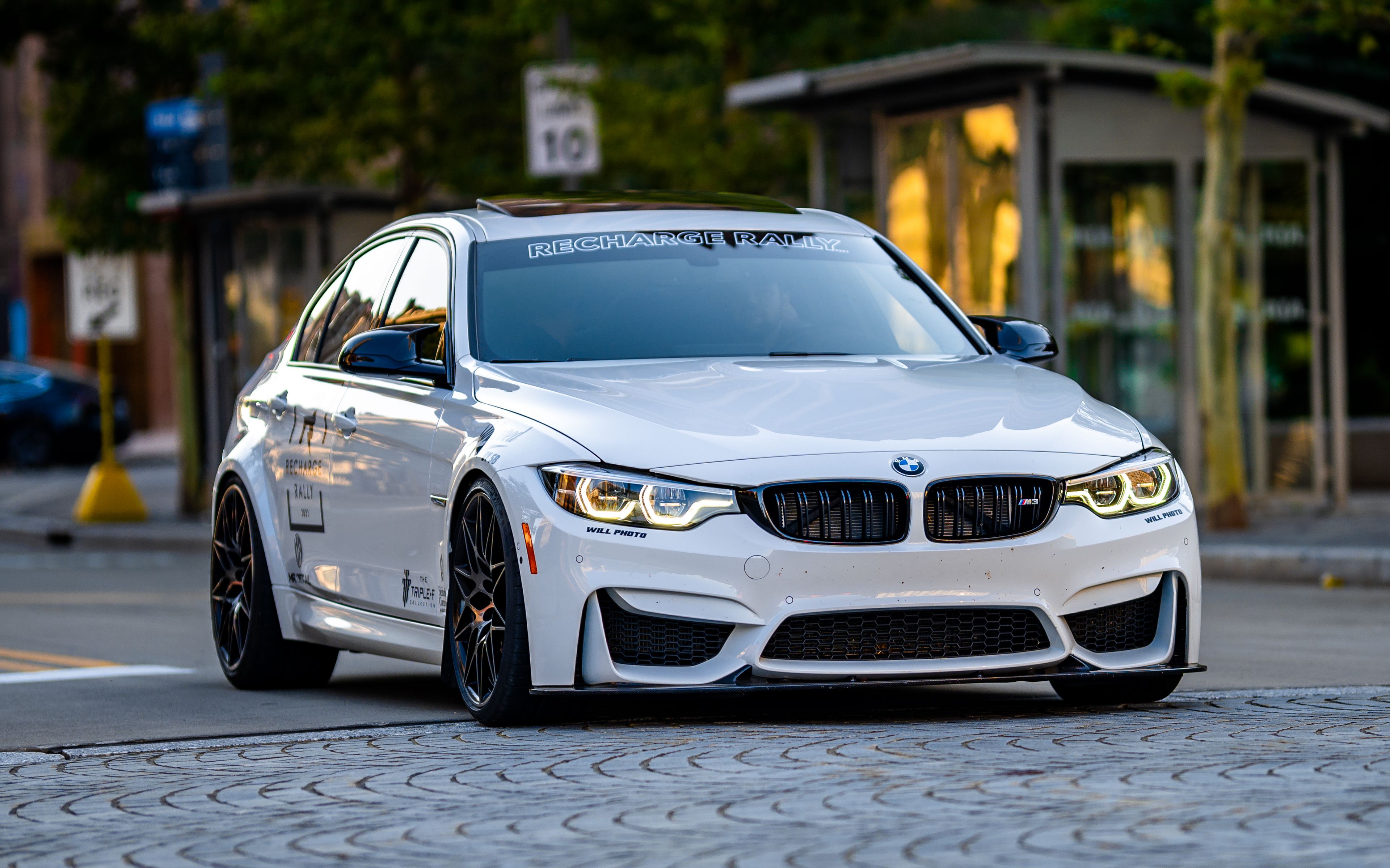 Download wallpaper 3840x2400 bmw, car, white, road, front view 4k ultra HD 16:10 HD background