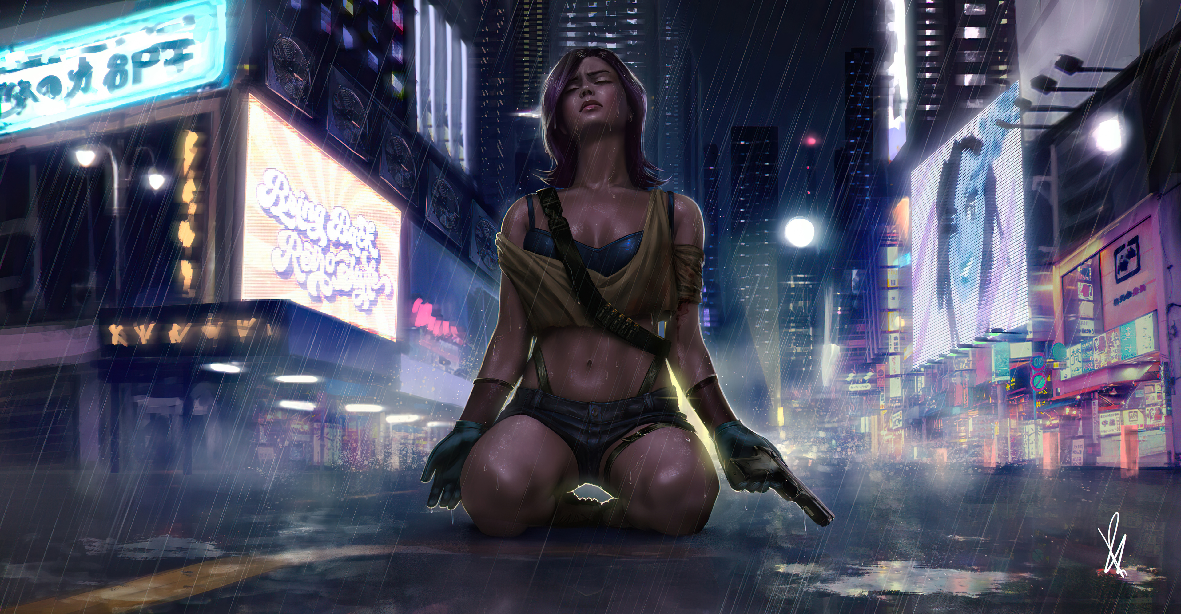 Wallpaper 4k Cyber Girl Rain City 4k Wallpaper