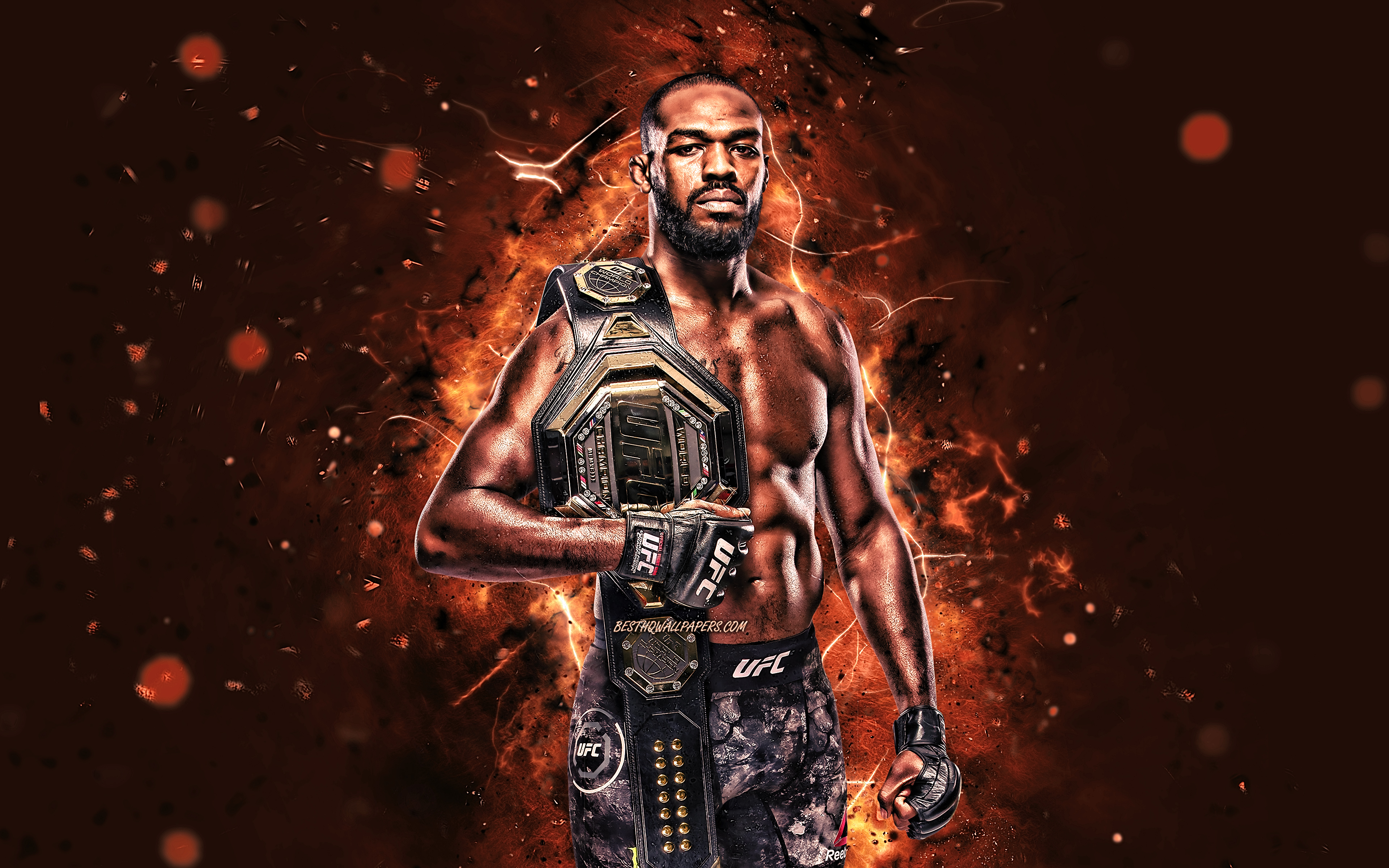 Download wallpaper Jon Jones, 4k, brown neon lights, american fighters, MMA, UFC, Mixed martial arts, Jon Jones 4K, UFC fighters, Jonathan Dwight Jones, MMA fighters for desktop with resolution 3840x2400. High Quality