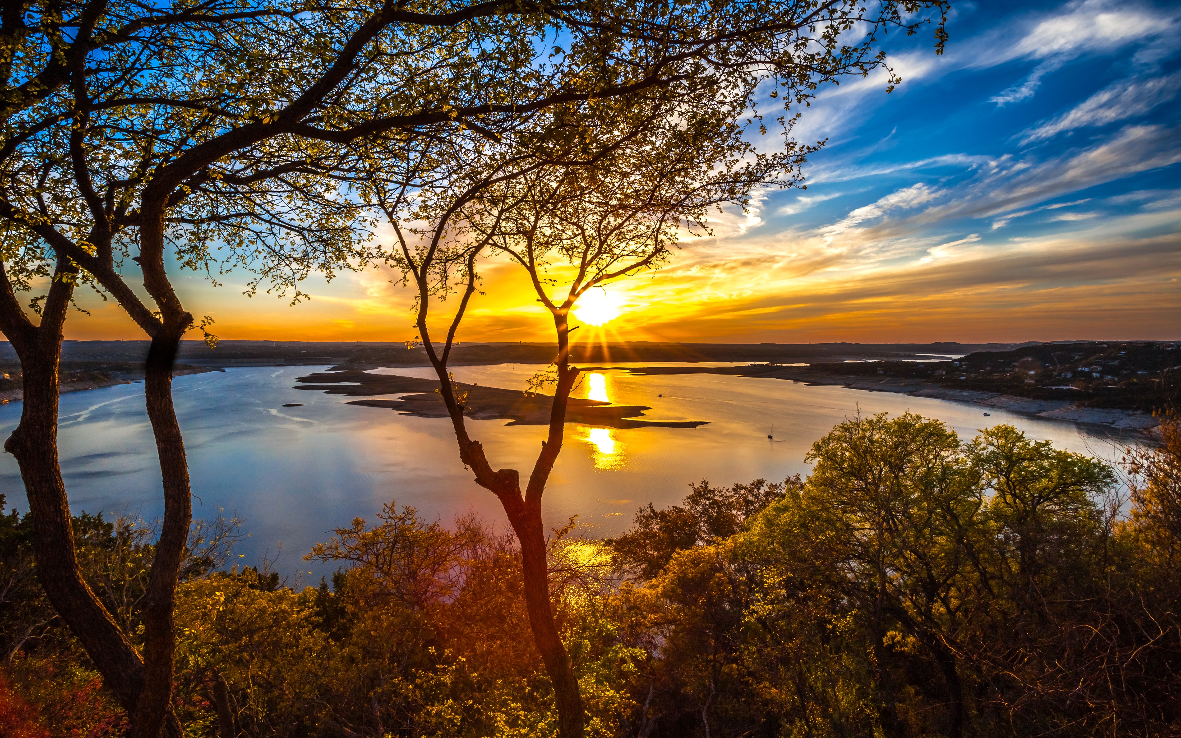 4K, Lake Travis, USA, Rivers, Scenery, Sunrises and sunsets, Sky, Texas, Trees, Branches Gallery HD Wallpaper