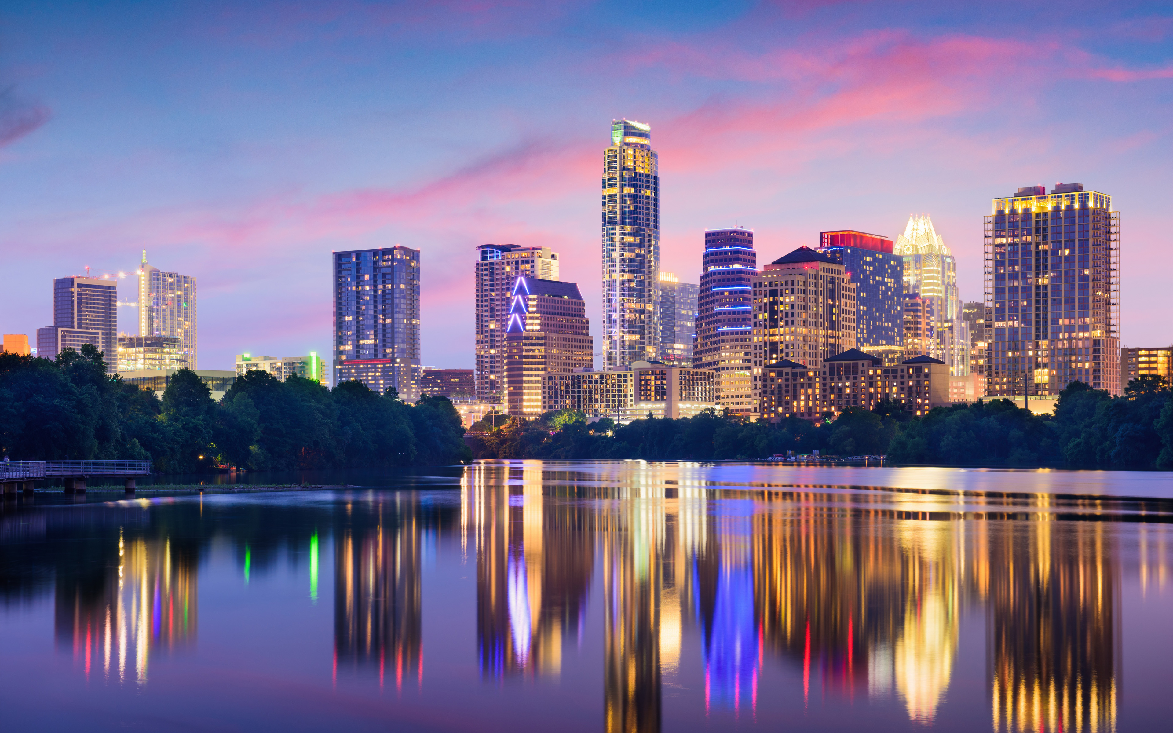 Download wallpaper Austin, Texas, USA, skyscrapers, evening, cityscape, city lights, 4k, modern buildings for desktop with resolution 3840x2400. High Quality HD picture wallpaper