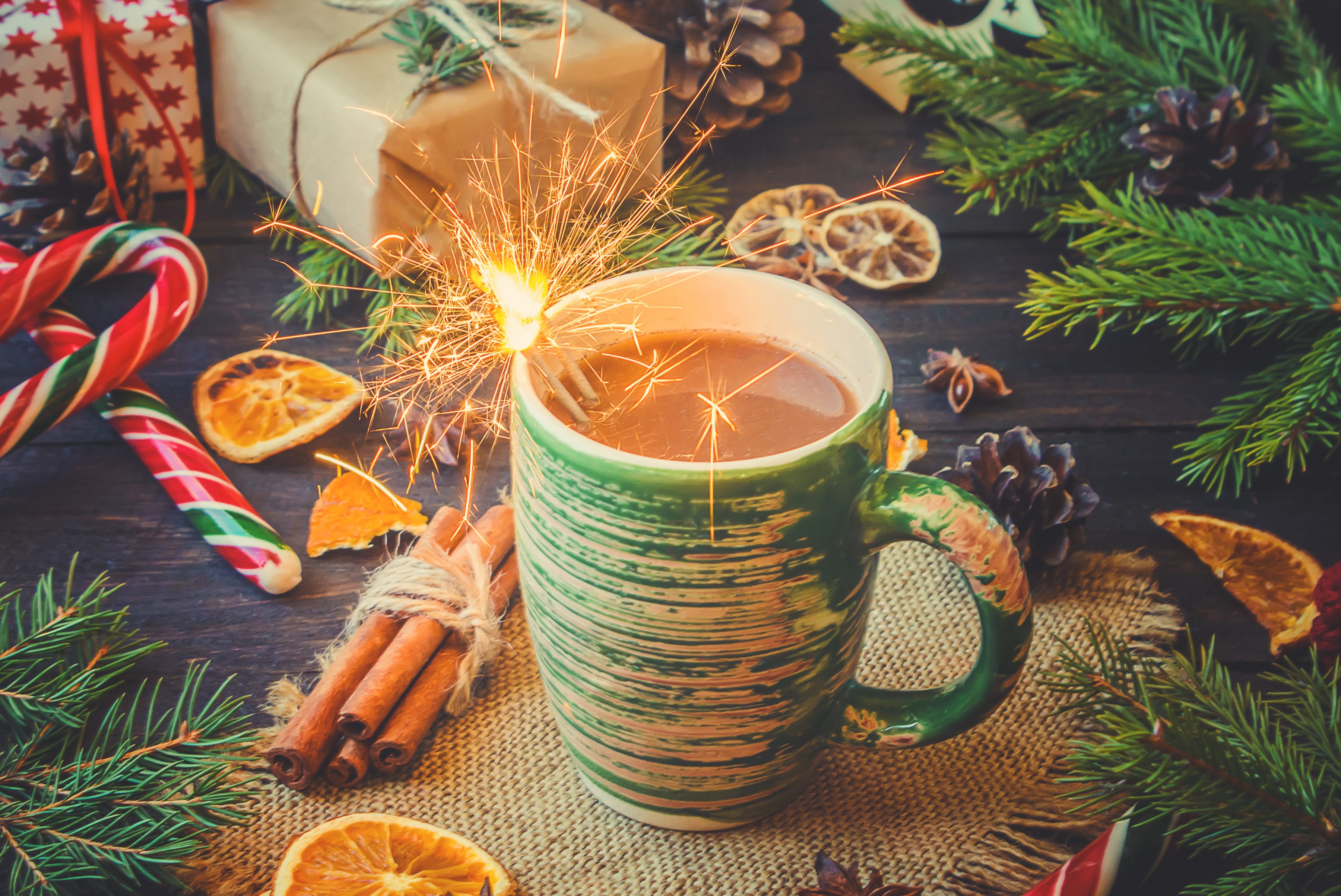 Christmas, Hot chocolate drink, Cinnamon, Sweets, Cup, Sparkler Gallery HD Wallpaper