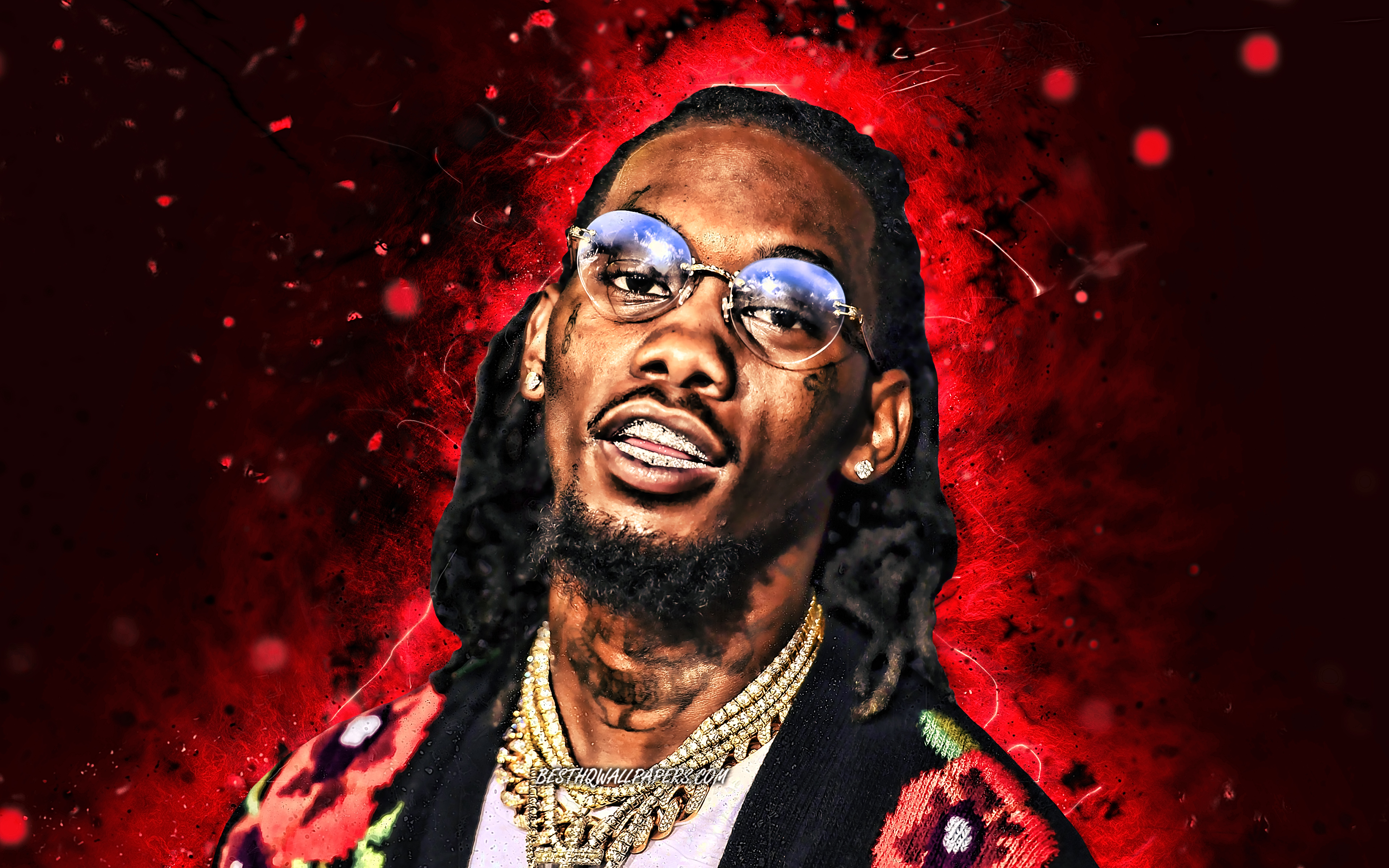 Download wallpaper 4k, Offset, american rapper, red neon lights, music stars, creative, fan art, american celebrity, Kiari Kendrell Cephus, Offset 4K for desktop with resolution 3840x2400. High Quality HD picture wallpaper