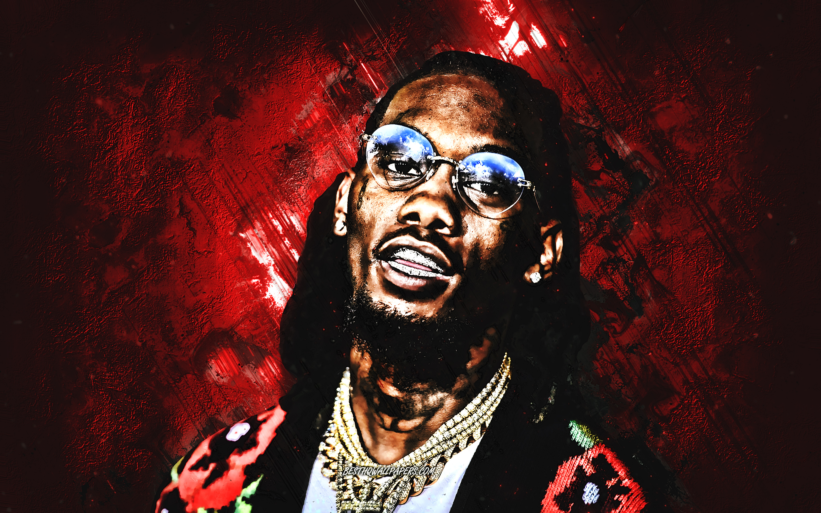 Download wallpaper Offset, Migos, Kiari Kendrell Cephus, portrait, american rapper, red stone background, creative art for desktop with resolution 2880x1800. High Quality HD picture wallpaper
