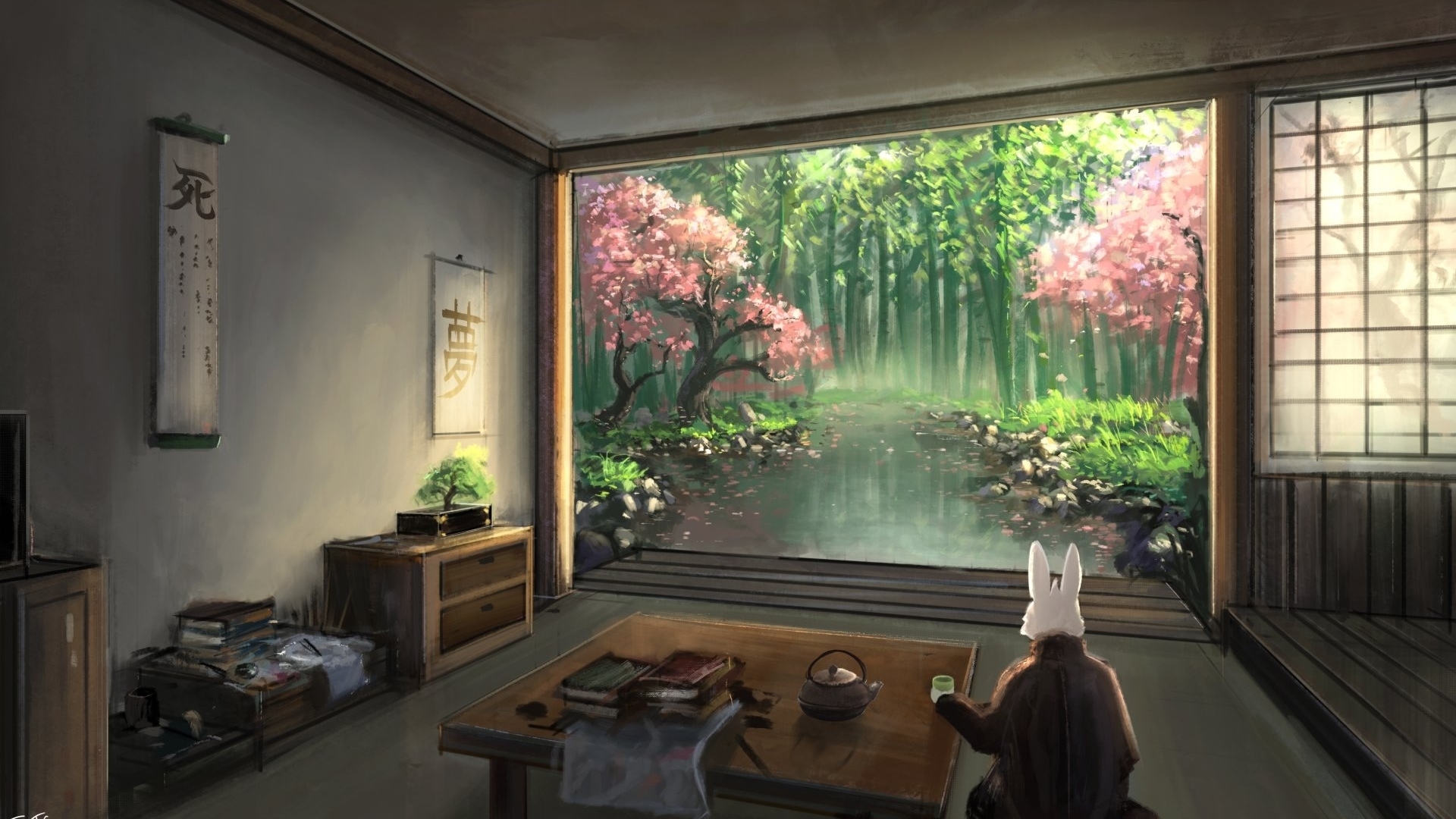 Wallpaper / house, japan, rabbit, japanese, anime, orginal, scenery, art, indoor, garden free download