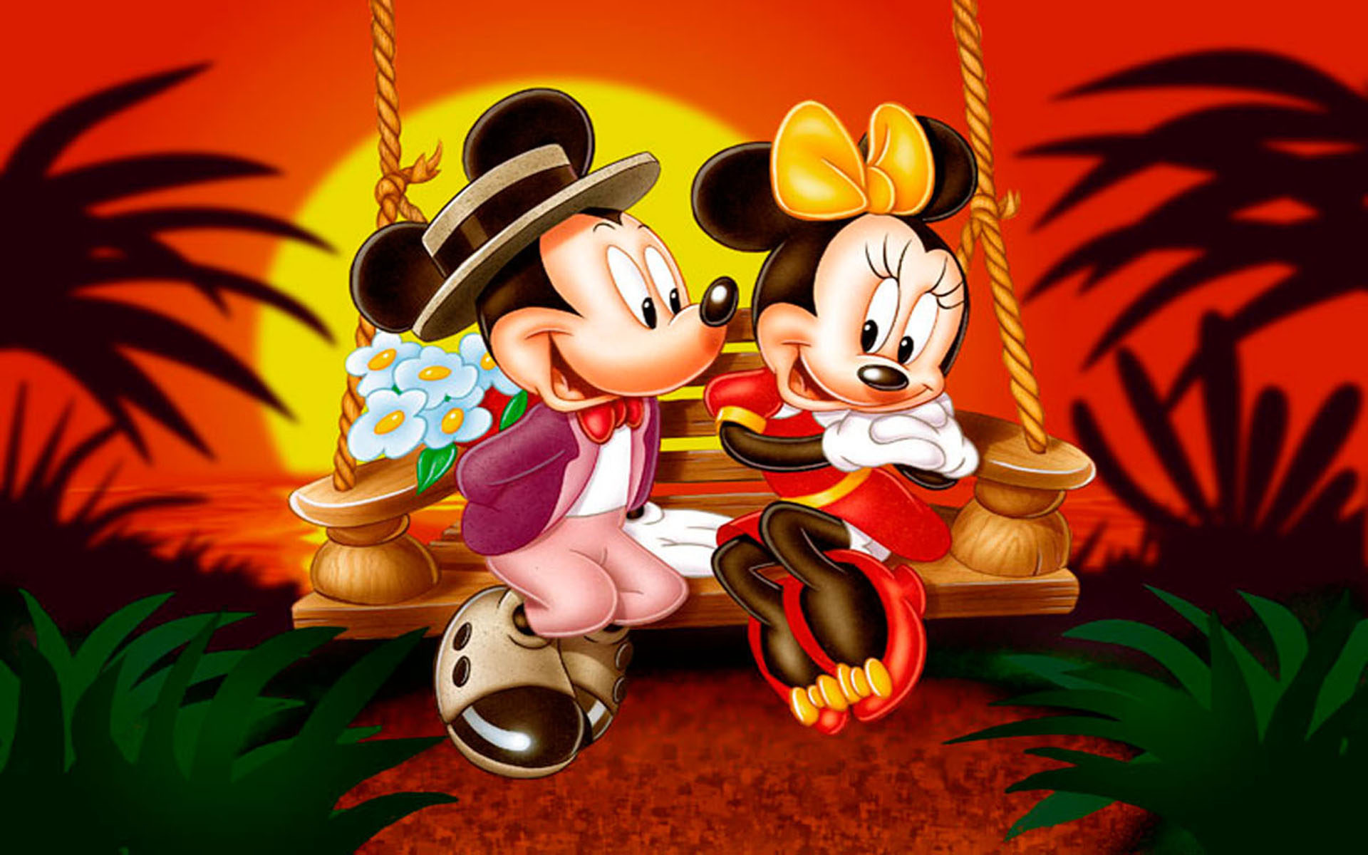 Cartoon Mickey And Minnie Mouse Sunset Romantic Couple HD Wallpaper 1920x1200, Wallpaper13.com