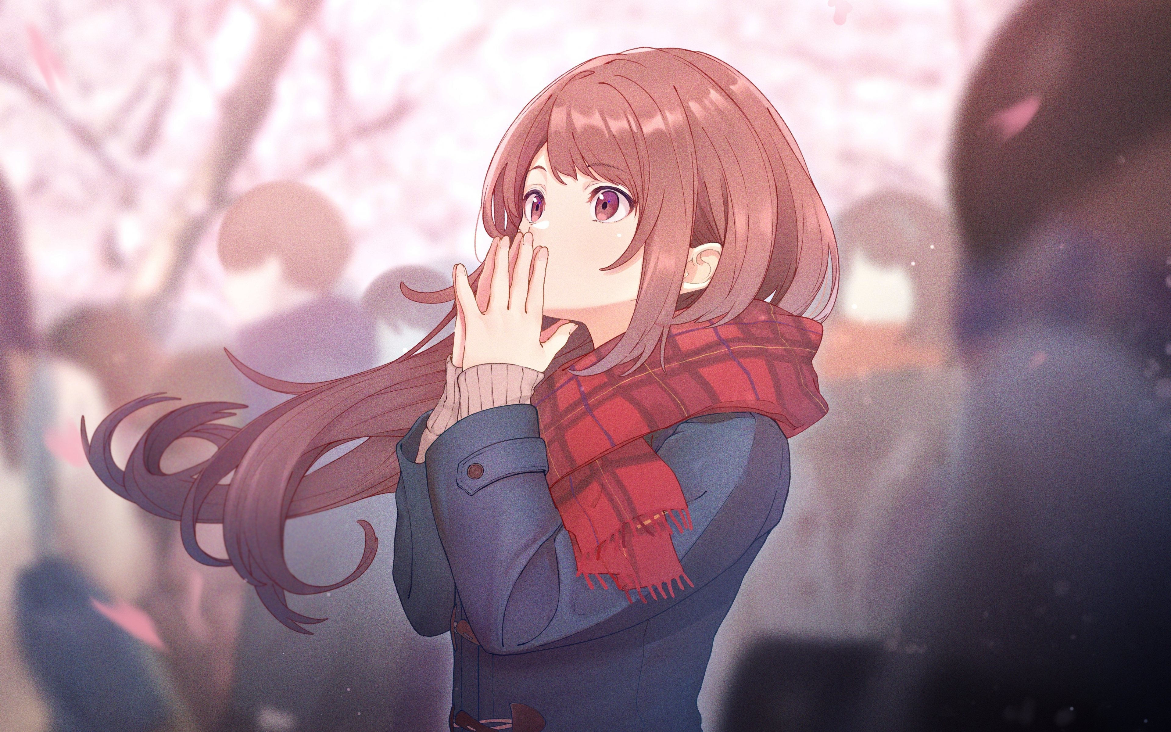 Download wallpaper 3840x2400 cute, anime girl, pretty eyes, winter, red scarf 4k wallaper, 4k ultra HD 16:10 wallpaper, 3840x2400 HD background, 26192