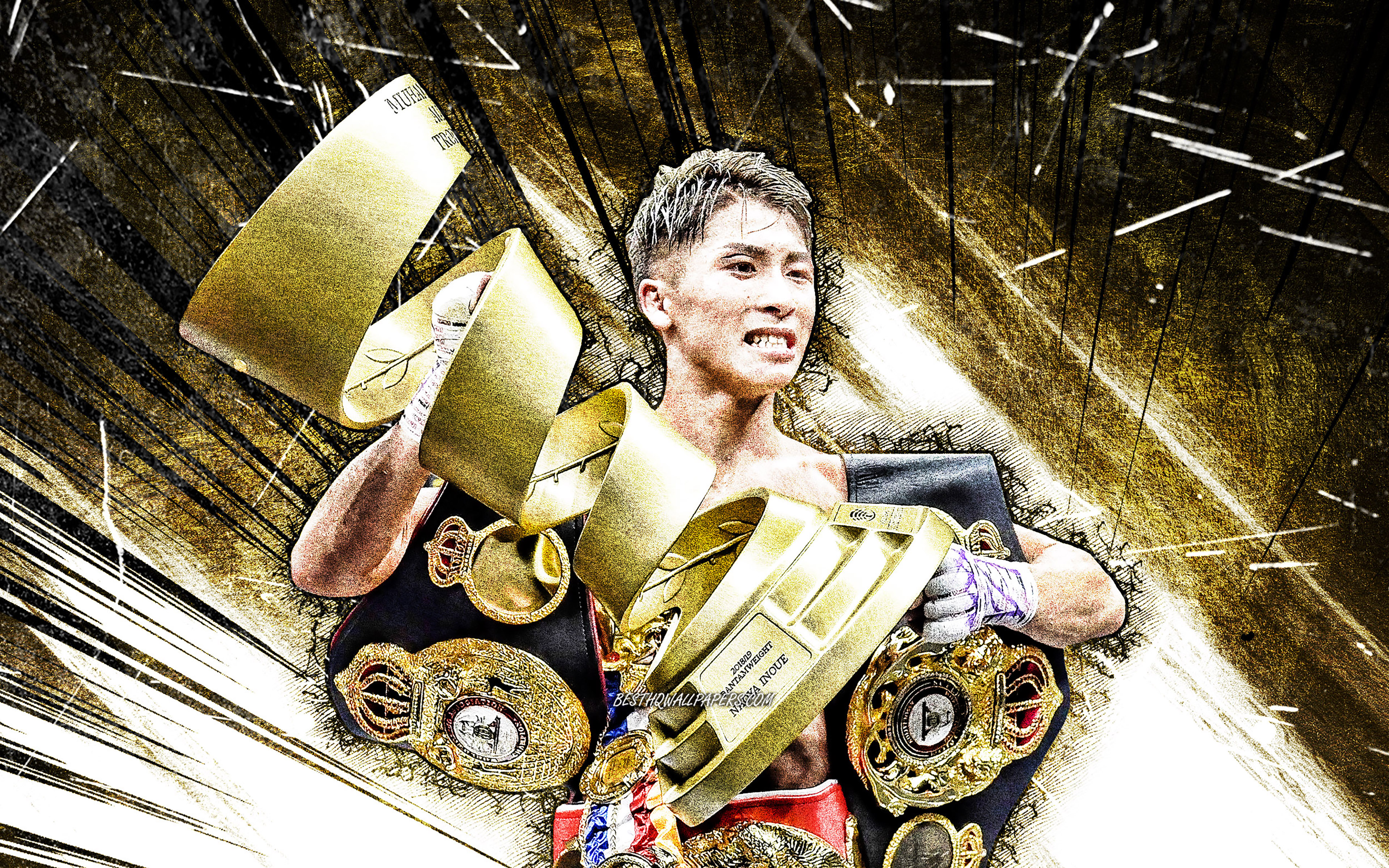 Download wallpaper 4k, Naoya Inoue, grunge art, japanese boxer, WBC, WBO, WBA, IBF, The Ring, OPBF, Naoya Inoue with belts, brown abstract rays, boxers, Monster, Naoya Inoue 4K for desktop with resolution