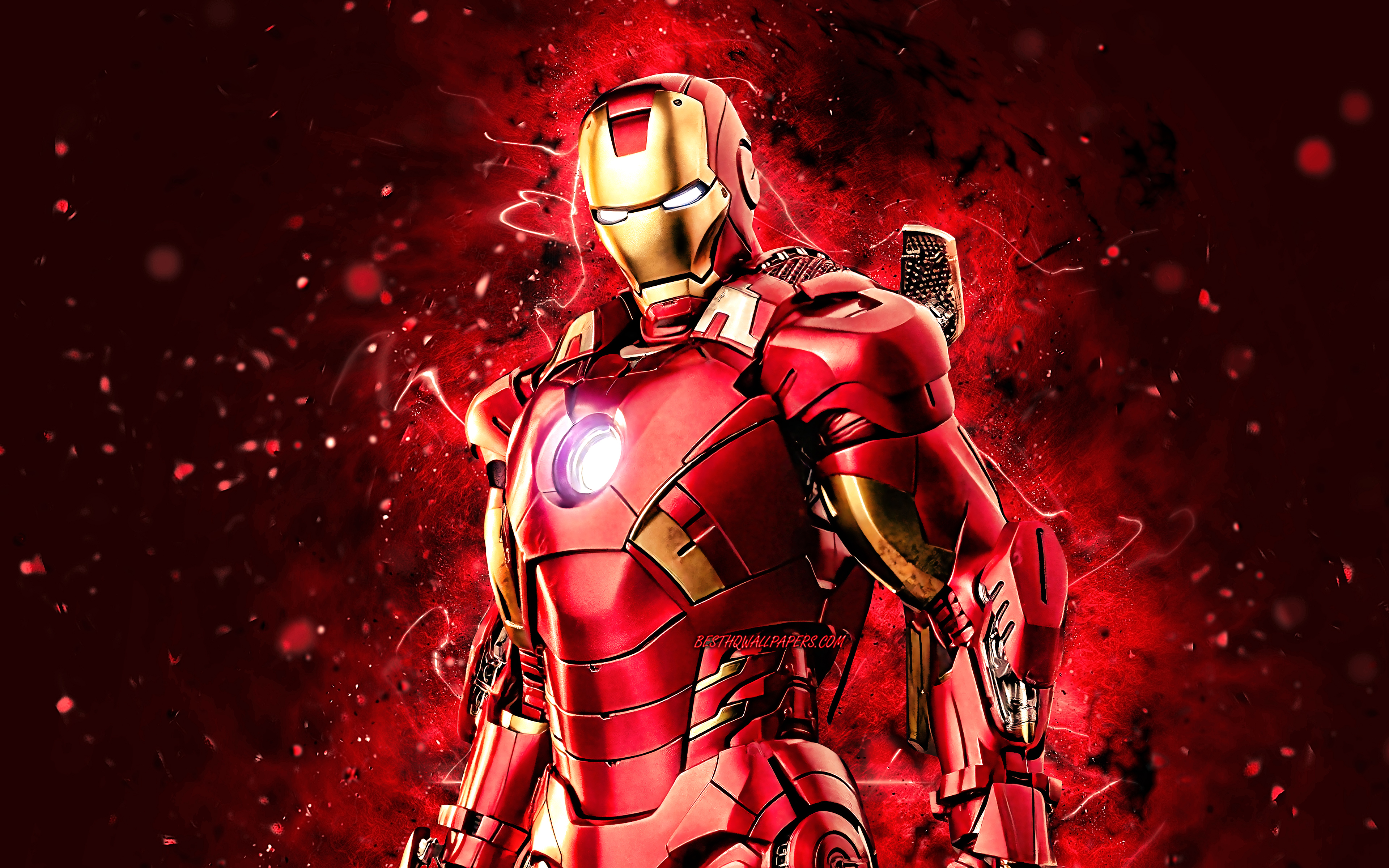 Download wallpaper 4k, IronMan, creative, superheroes, Marvel Comics, IronMan 4K, red neon lights, Cartoon Iron Man for desktop with resolution 3840x2400. High Quality HD picture wallpaper