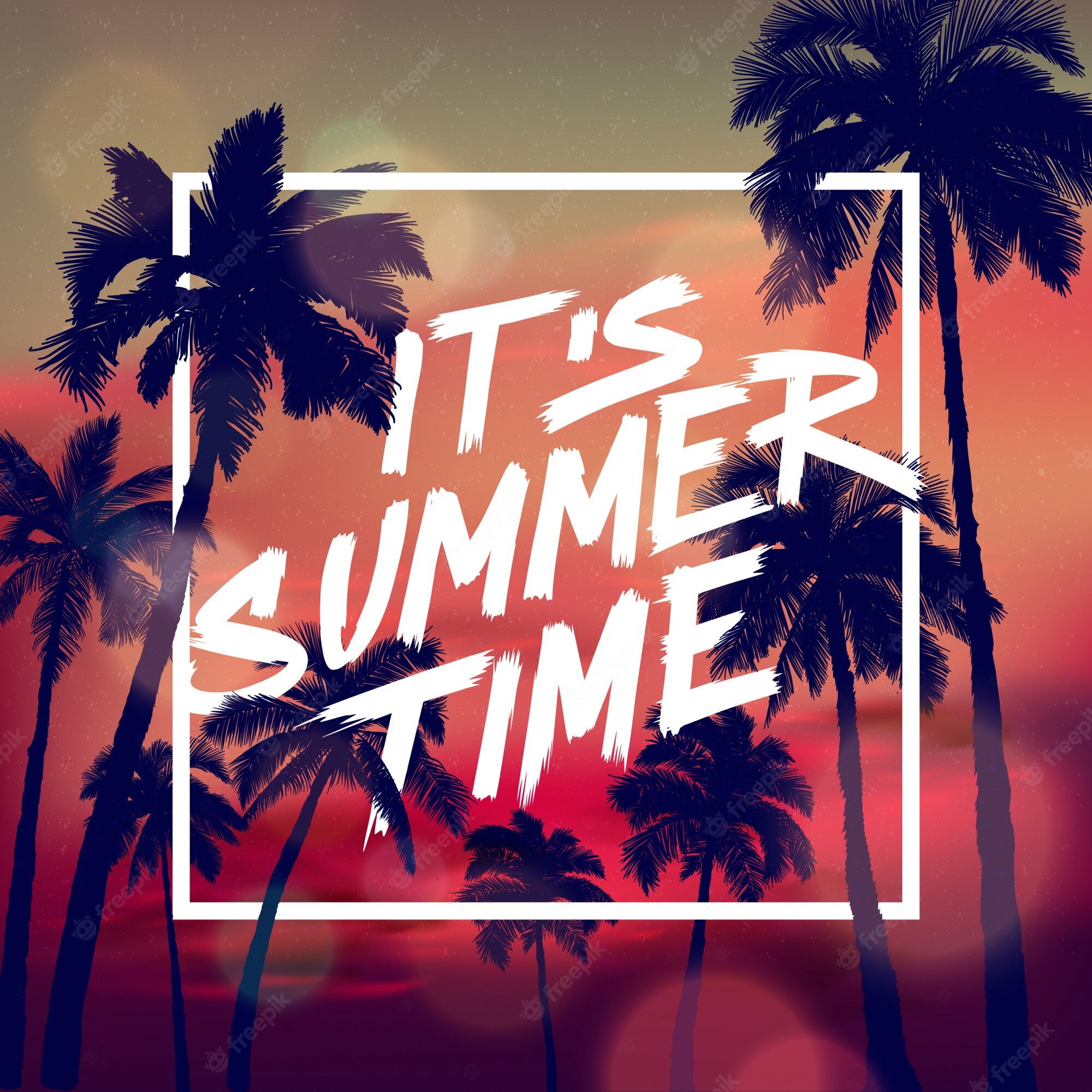 Premium Vector. Summer time background with sunset and palm trees