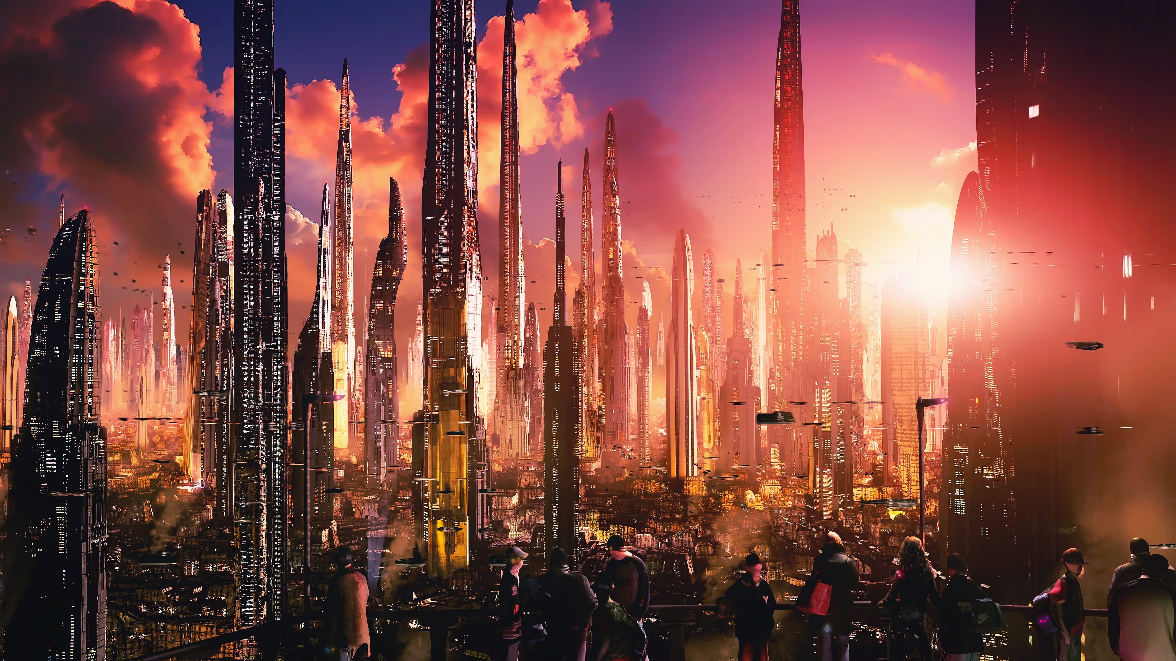 Wallpaper / futuristic city, 4K, futuristic, smoke structure, science fiction, city, illuminated, group of people, sunset, adult, real people, cityscape free download