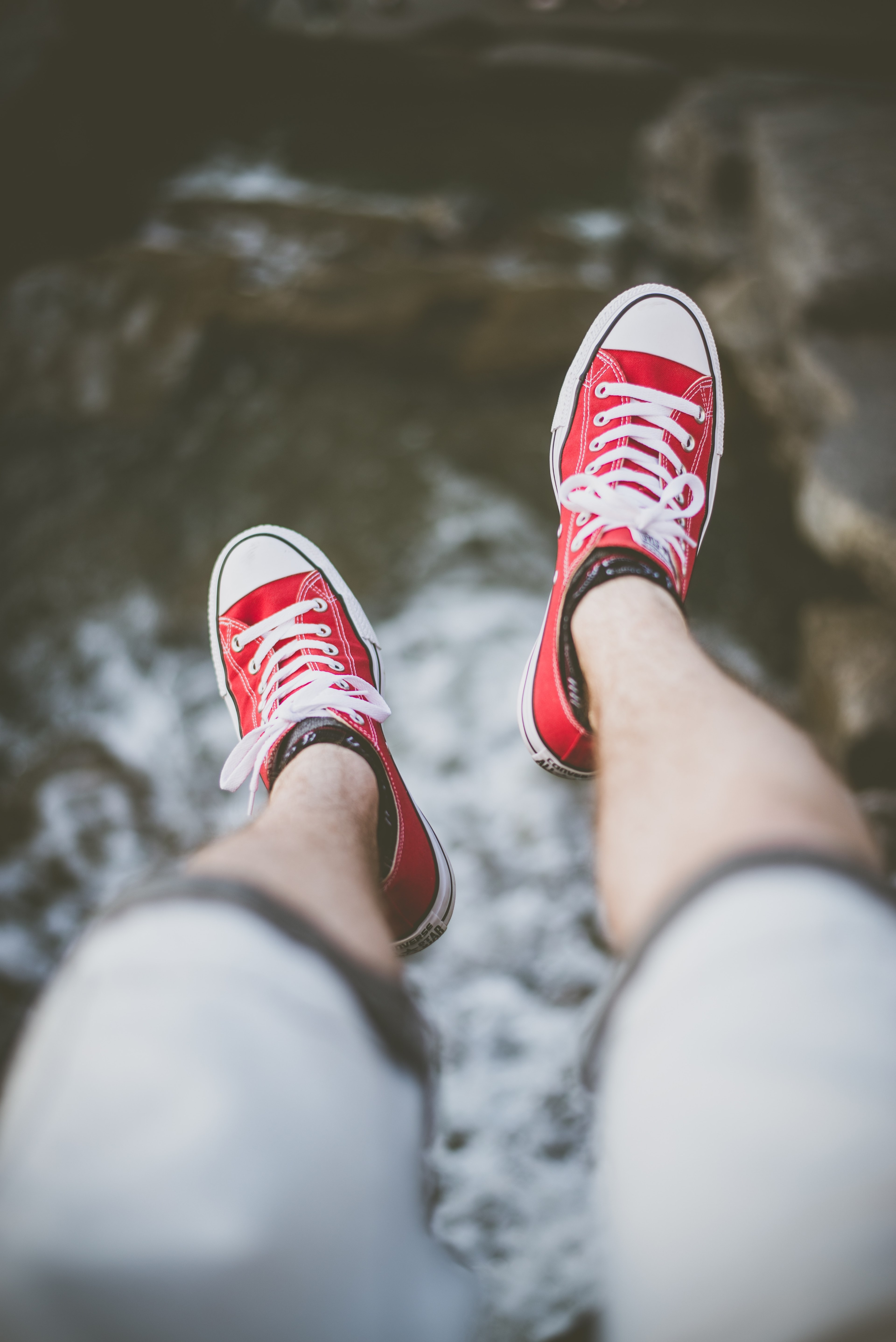 a shot from eye view of a man wearing red converse shoes at beaver lake, male red converse shoes 4k Phone HD Wallpaper