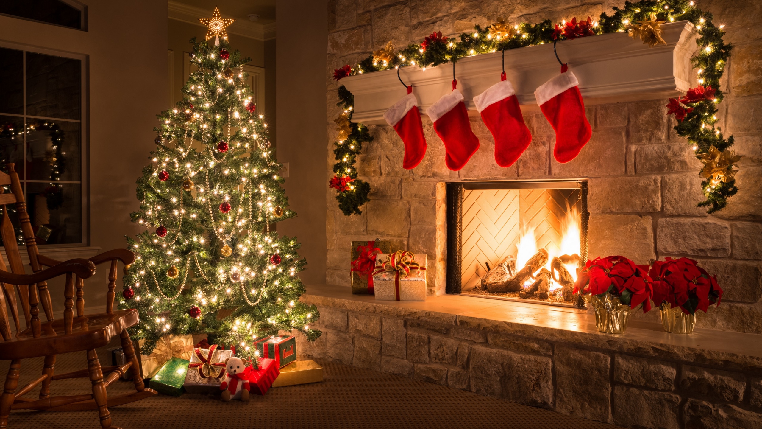 Wallpaper / Christmas, New Year, Gifts, Fir Tree, Fireplace, Decorations, 4K Free Download