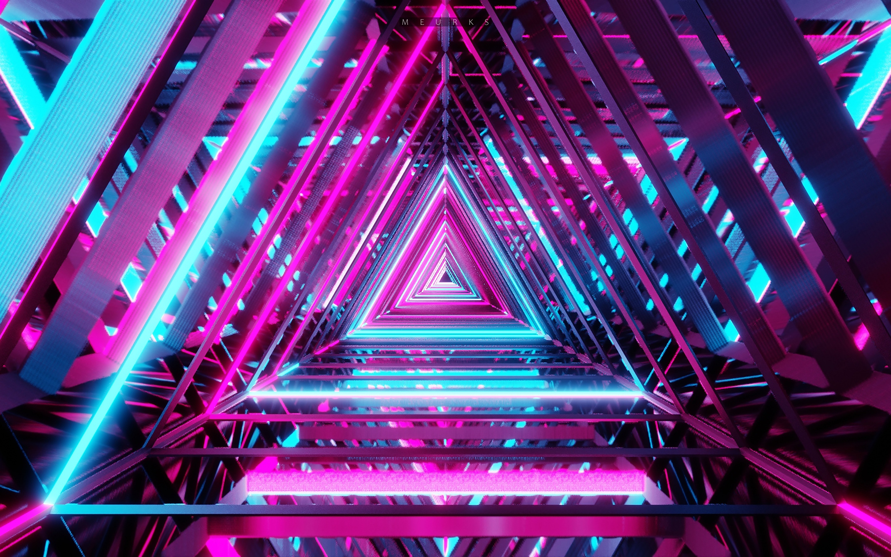 Neon Triangle Wallpaper 4K, Vanishing point, Pattern, Purple