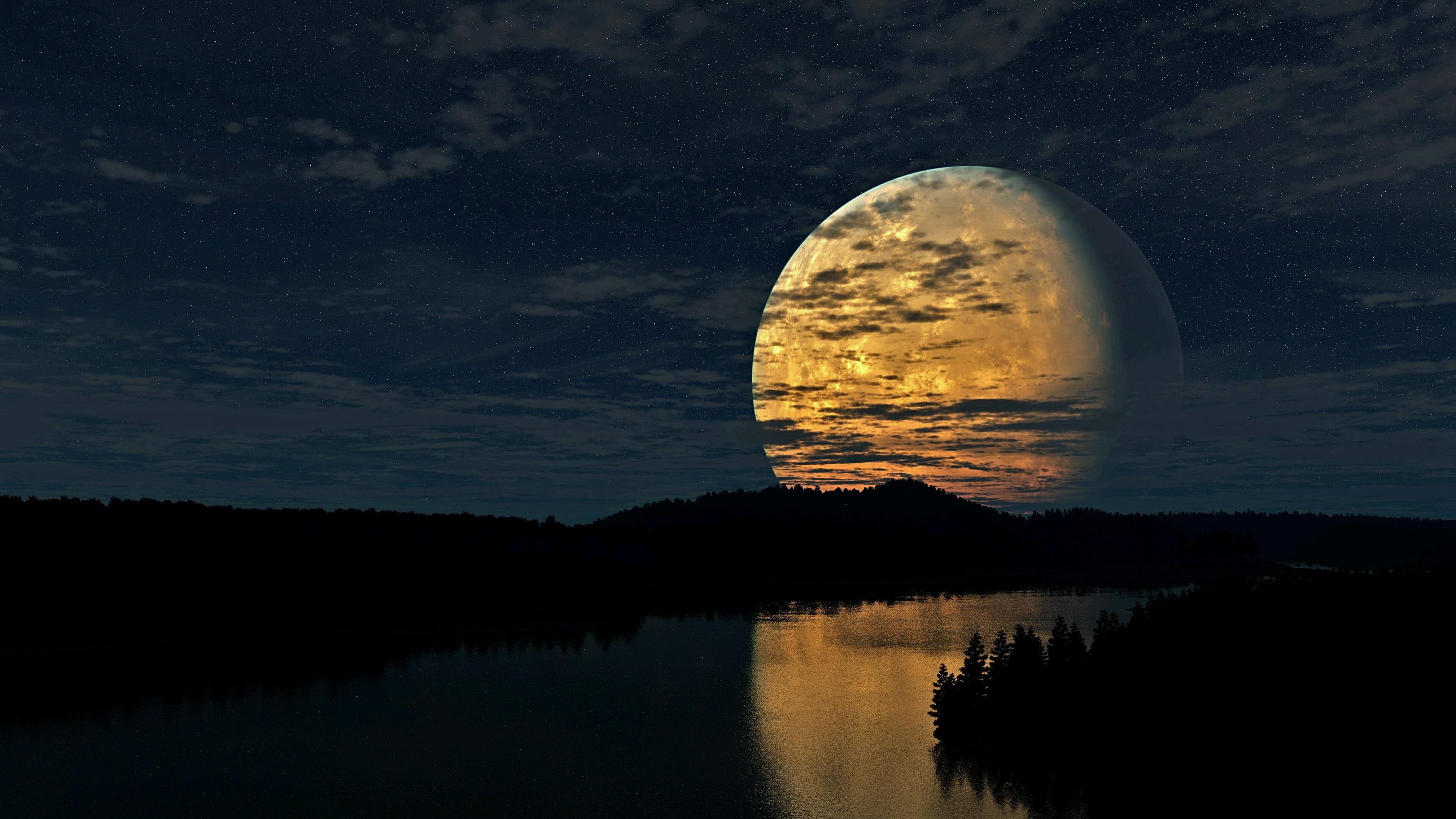 Wallpaper / darkness, night sky, moon, nature, 4K, supermoon, full moon, river, night, reflection, moonlight, landscape, starry sky free download
