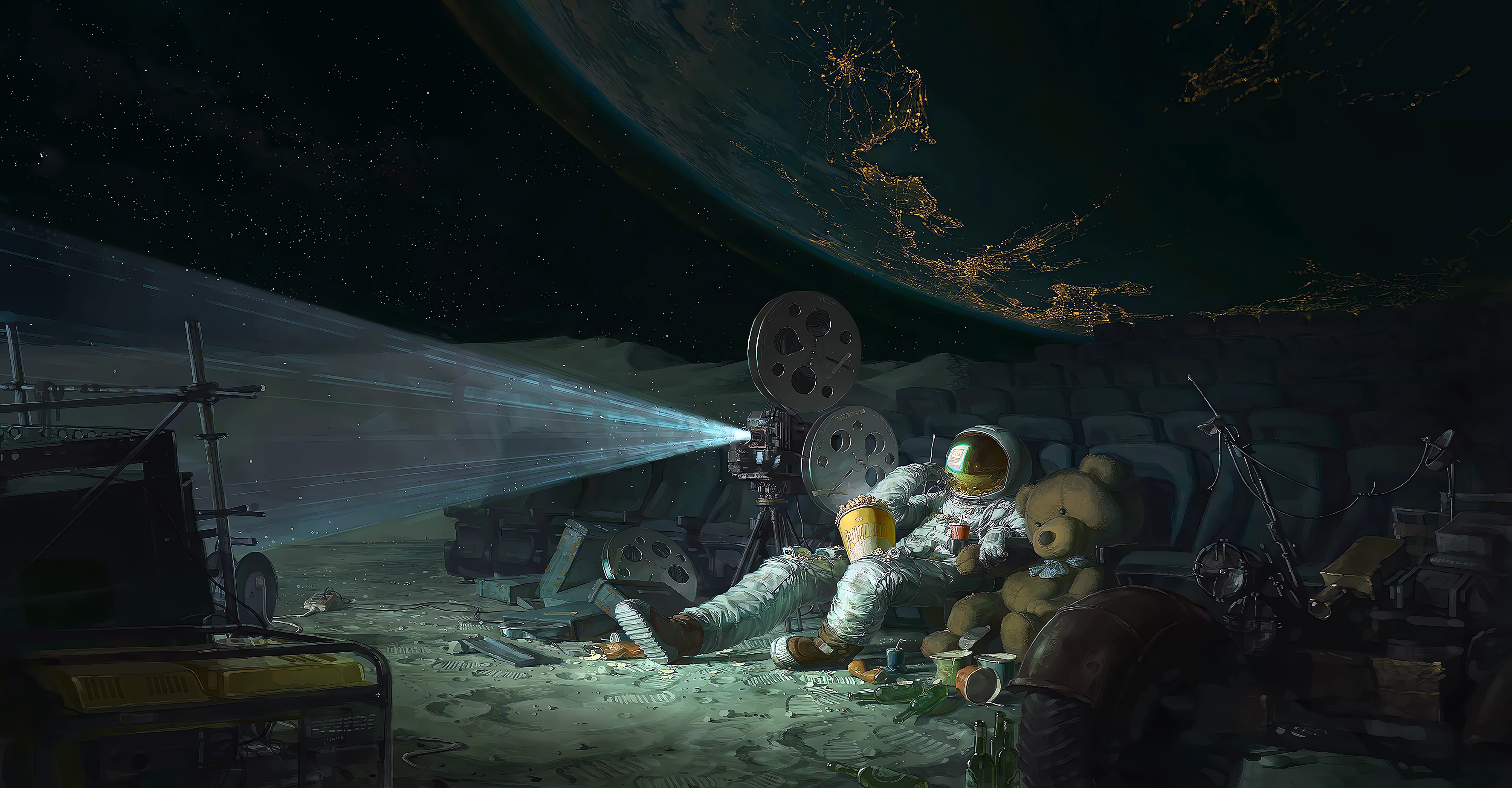PC WALLPAPER 4K. ASTRONAUT CINEMA ON THE MOON