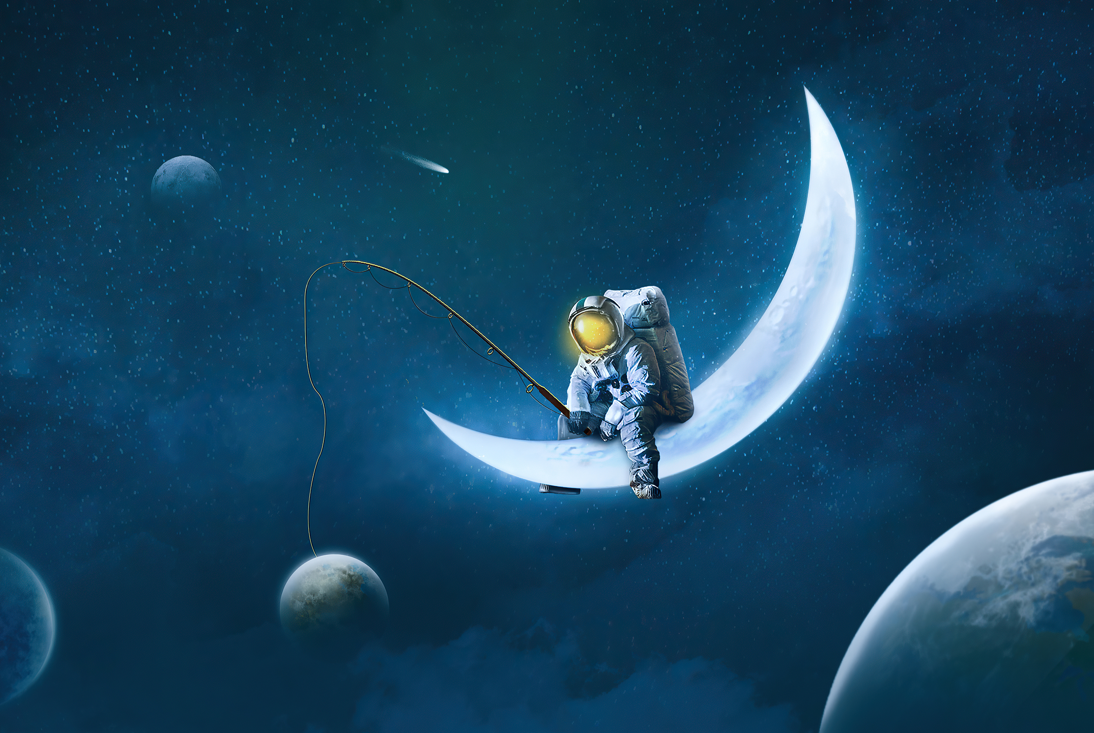 HD desktop wallpaper: Moon, Sci Fi, Astronaut, Fishing download free picture
