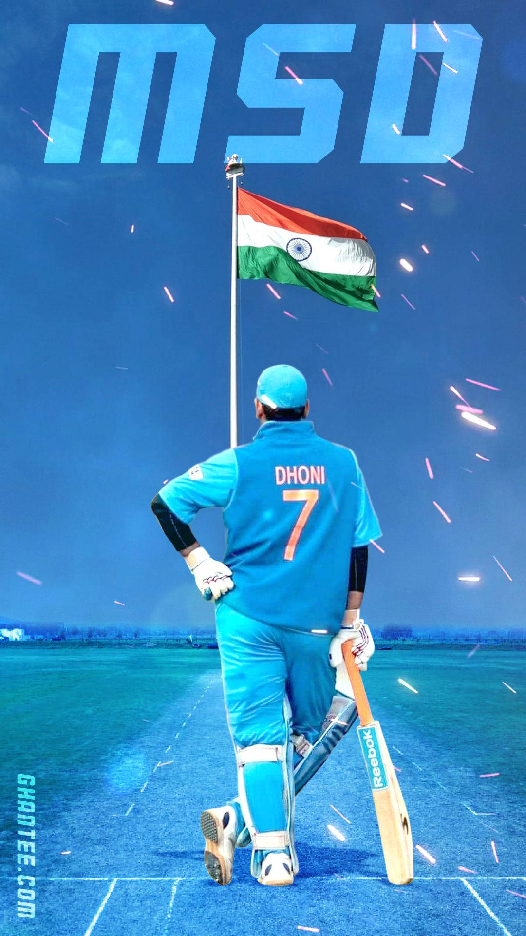 Download Ms Dhoni 7 Looking At The Indian Flag Wallpaper