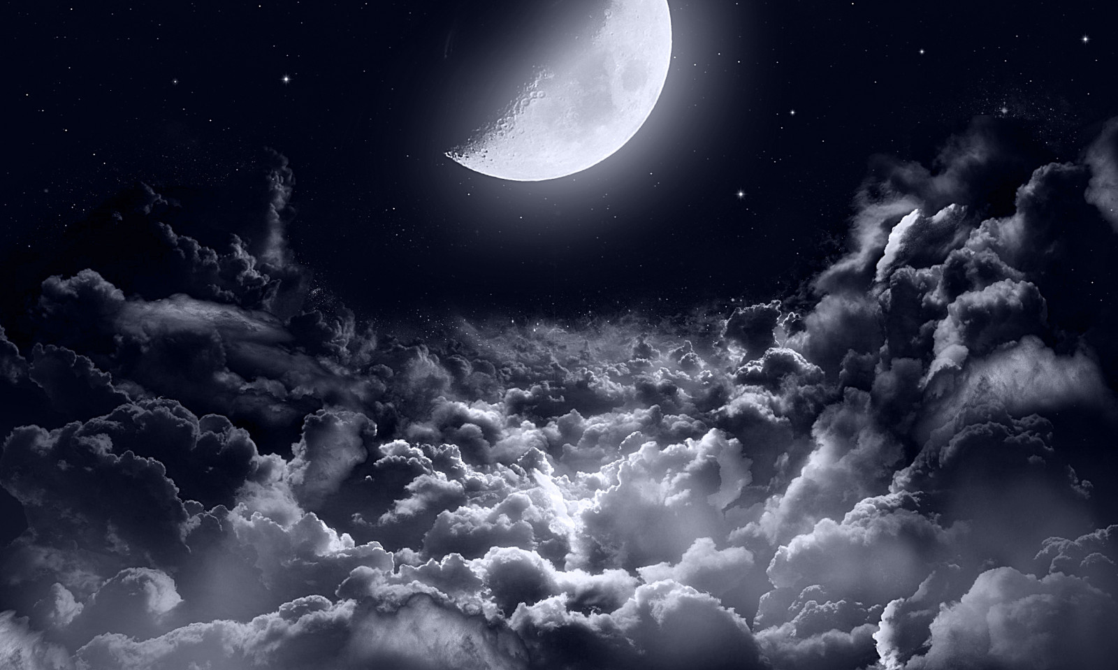 Wallpaper, moonlight, Half Moon, stars, space clouds, night, universe, Twilight 2268x1360