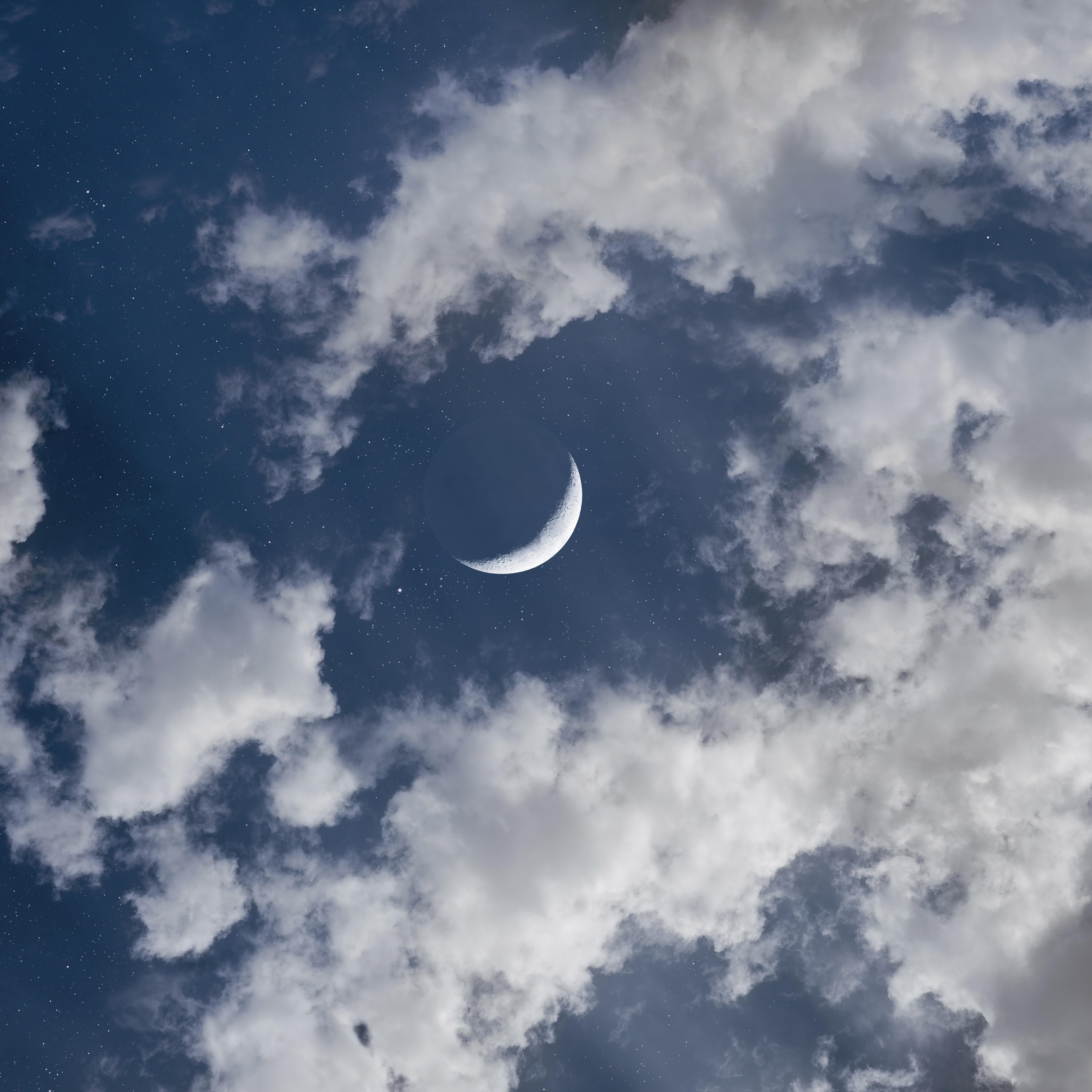 Crescent Moon Wallpaper 4K, Half moon, Clouds, Blue Sky